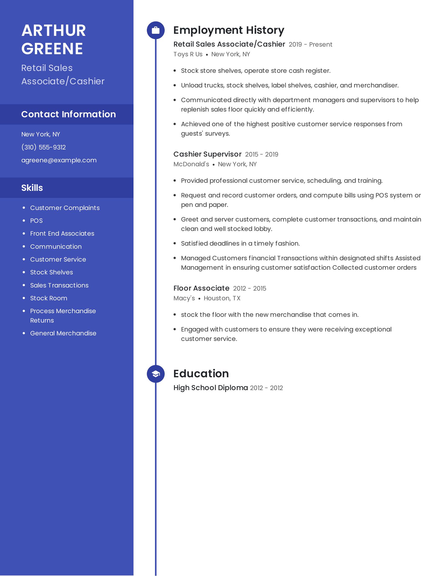 Retail Sales Associate/Cashier resume example