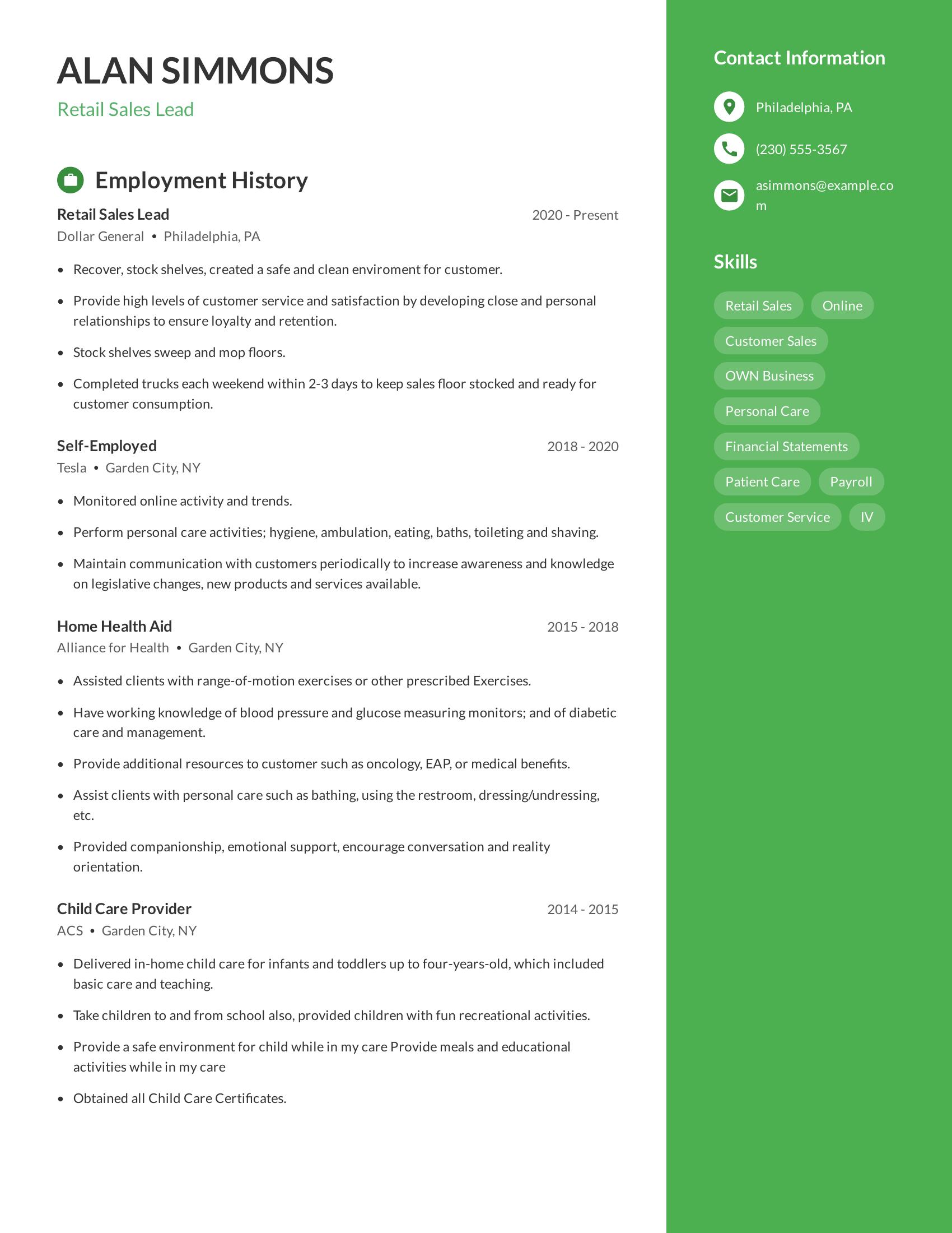 Retail Sales Lead resume example