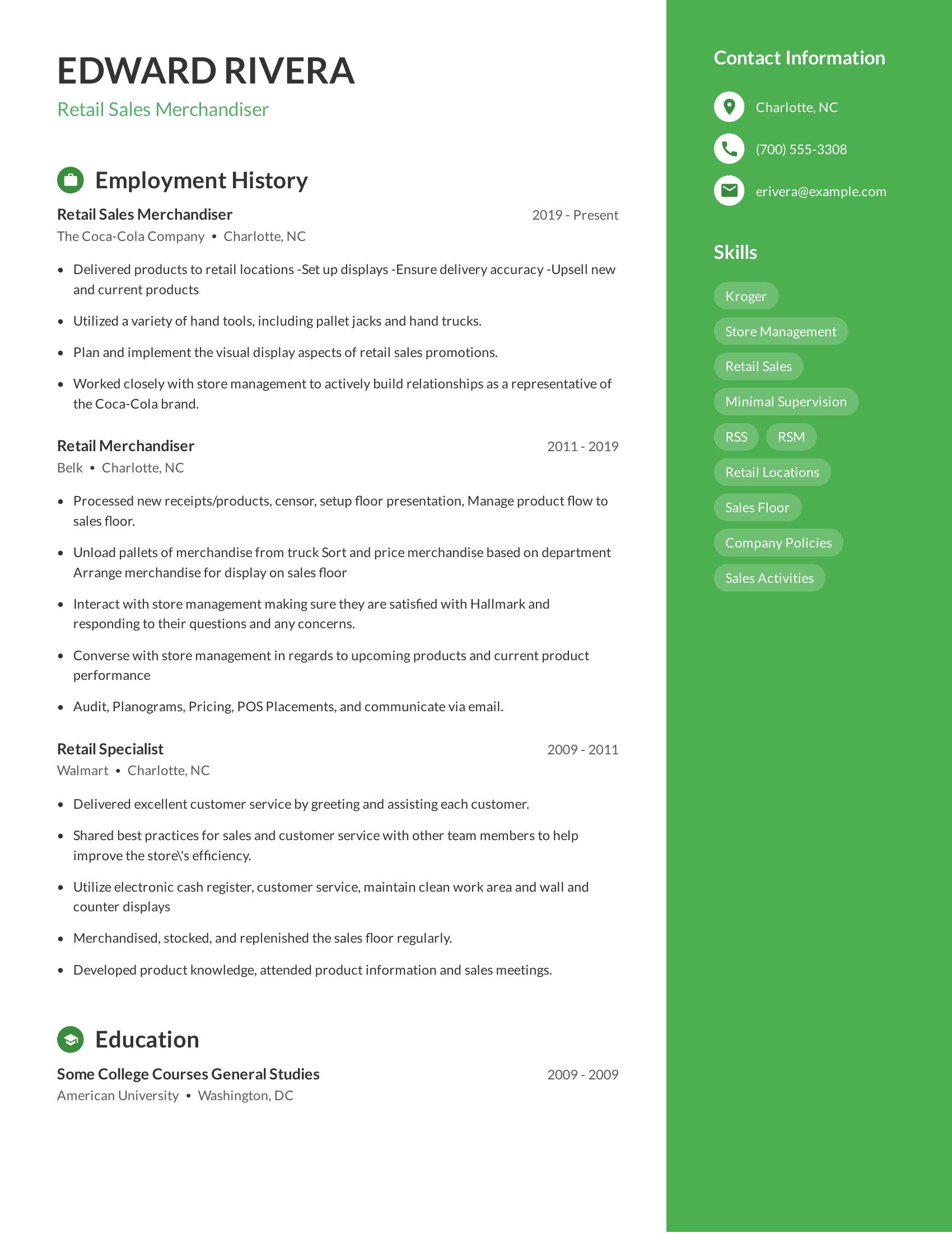 Retail Sales Merchandiser resume example