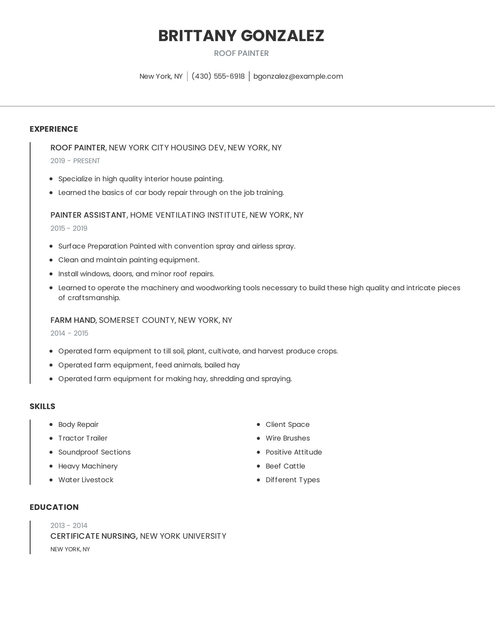 Roof Painter resume example