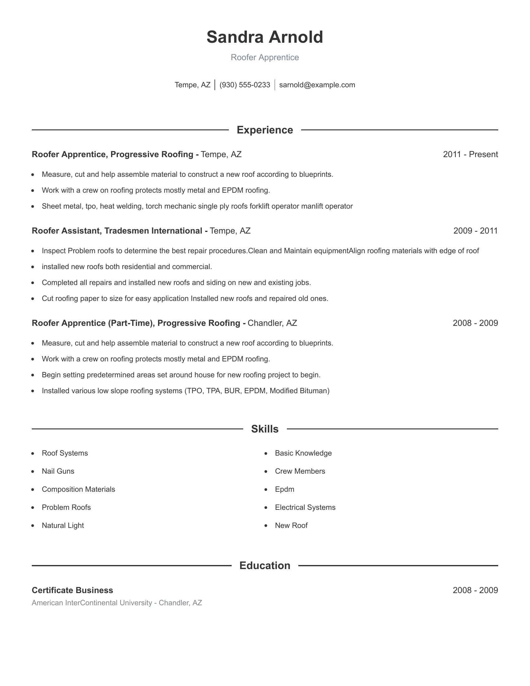 Roofer Apprentice resume example