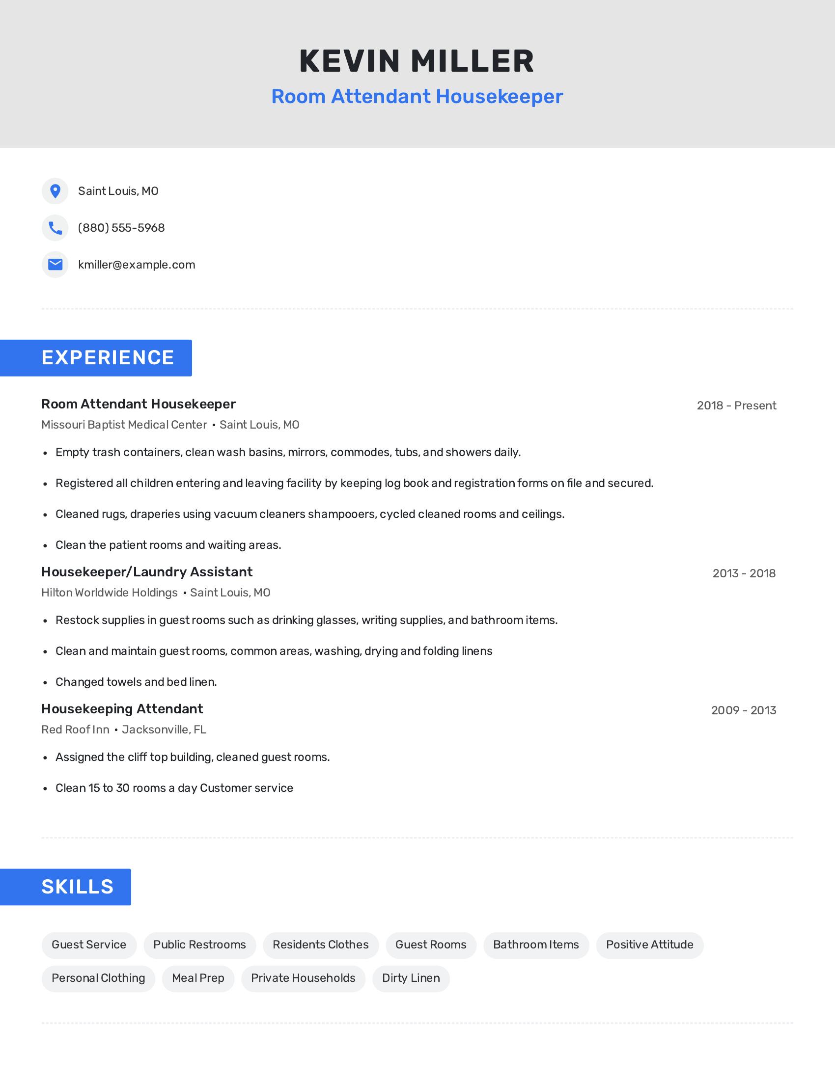 Room Attendant Housekeeper resume example