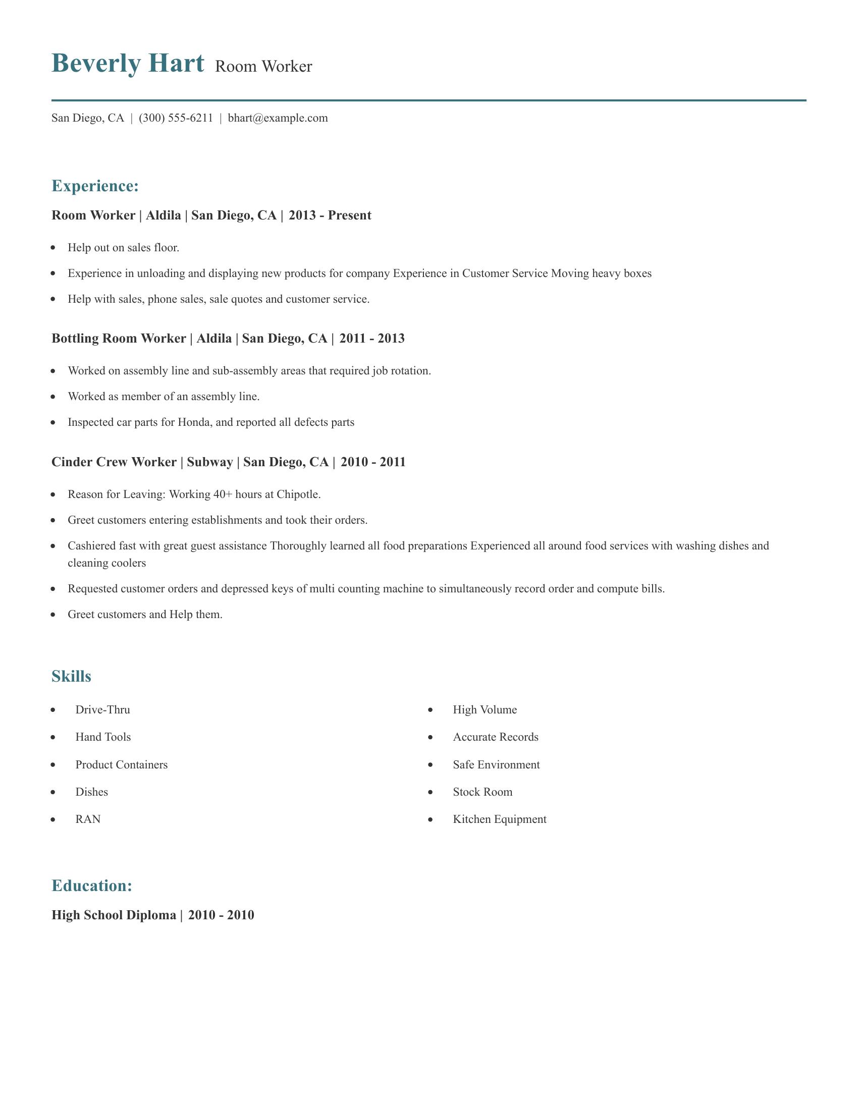 Room Worker resume example