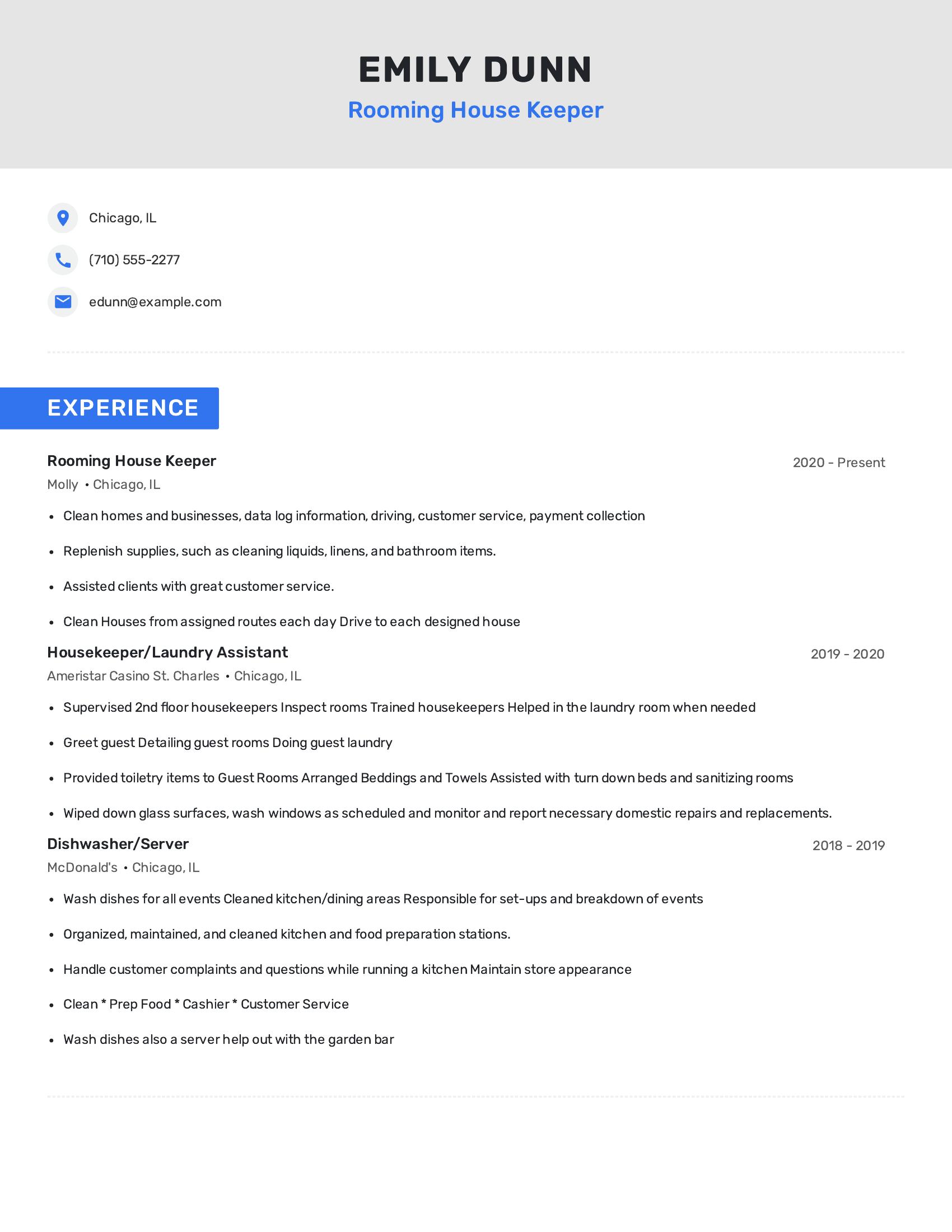 Rooming House Keeper resume example