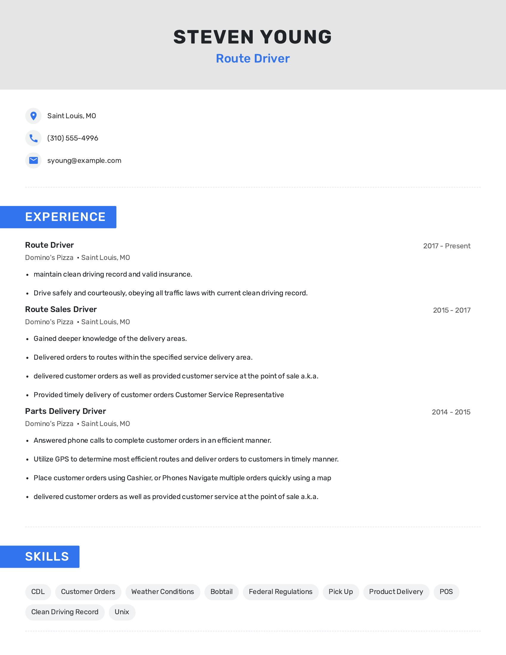 Route Driver resume example