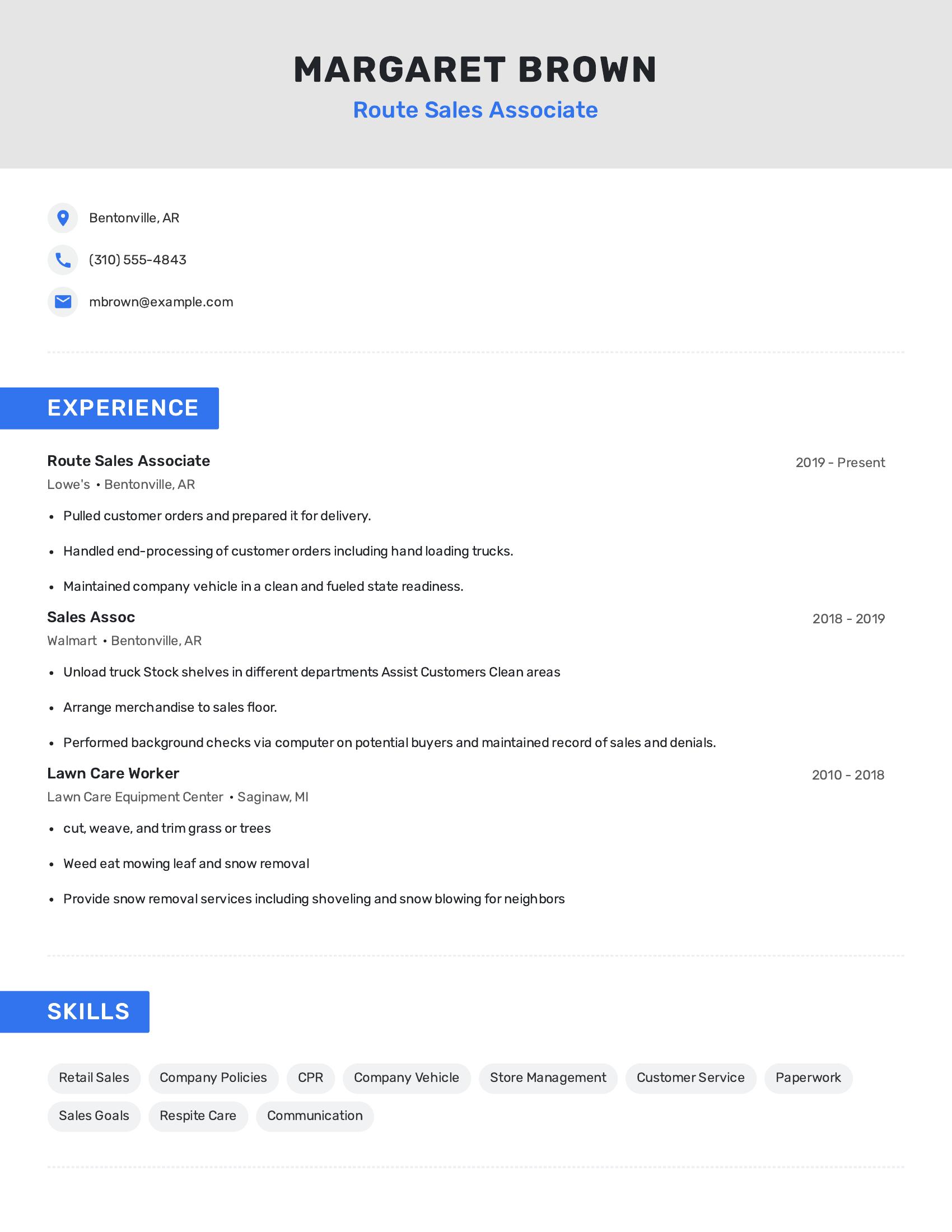 Route Sales Associate resume example