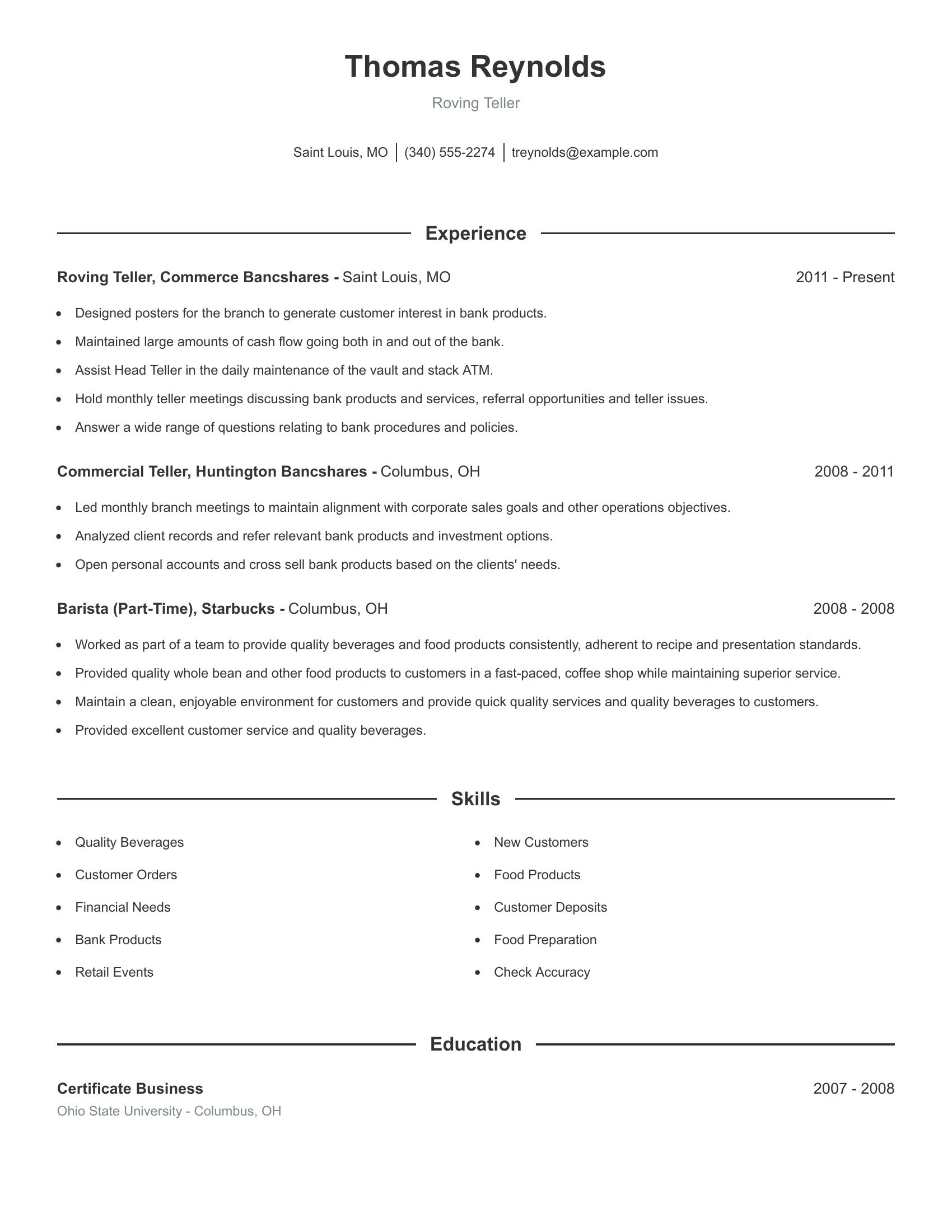 Roving Teller resume example