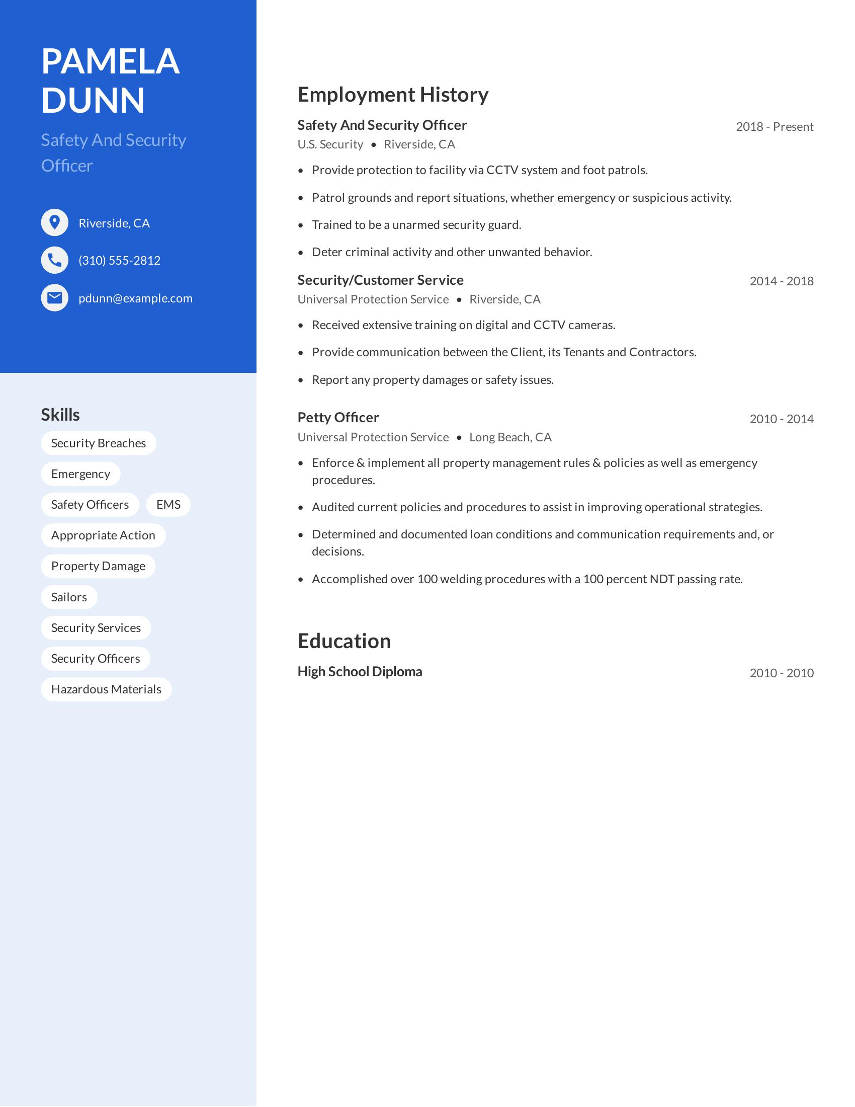 Safety And Security Officer resume example