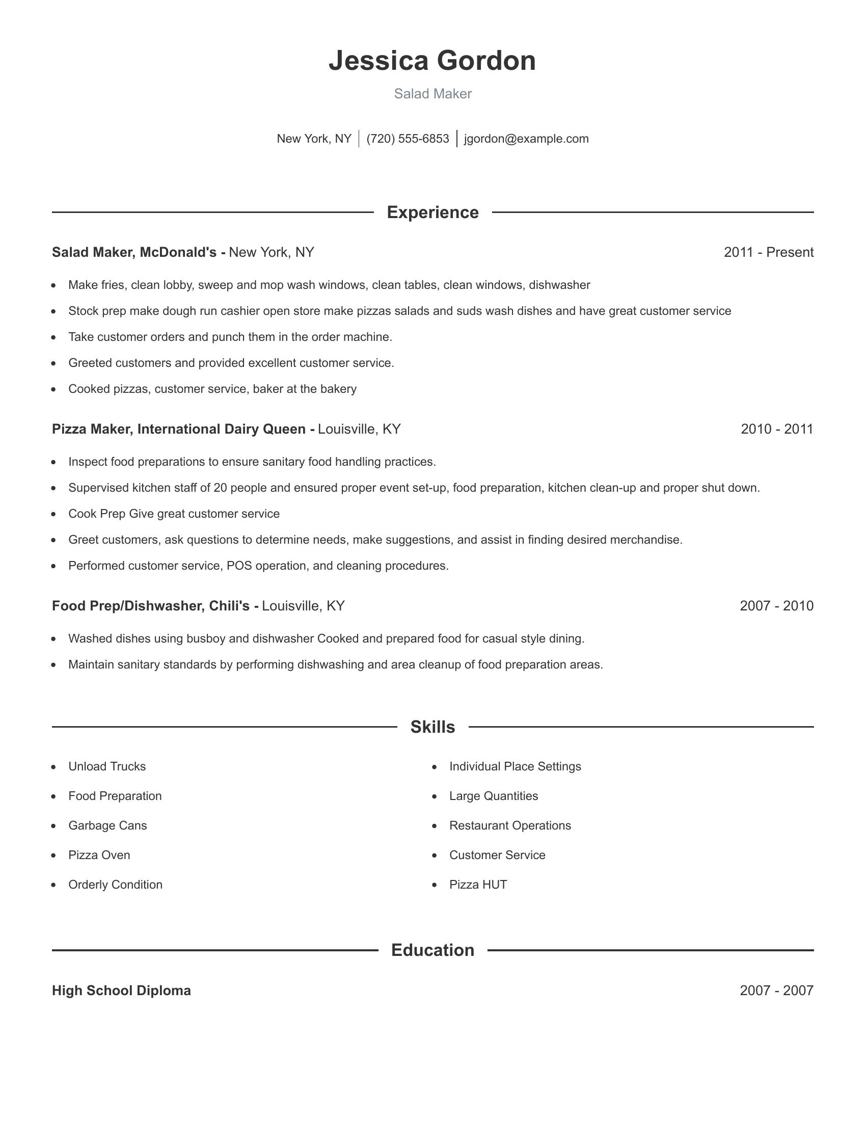 Salad Maker resume example