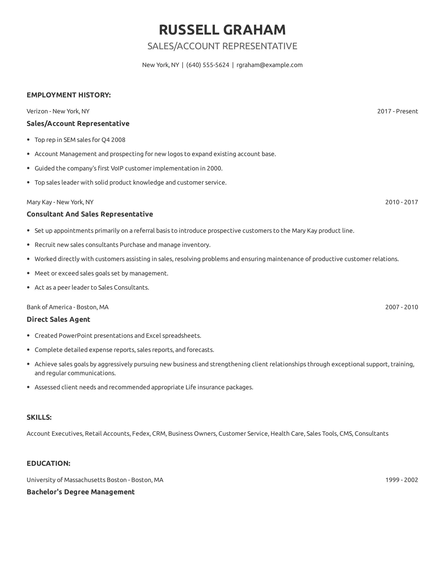 Sales/Account Representative resume example