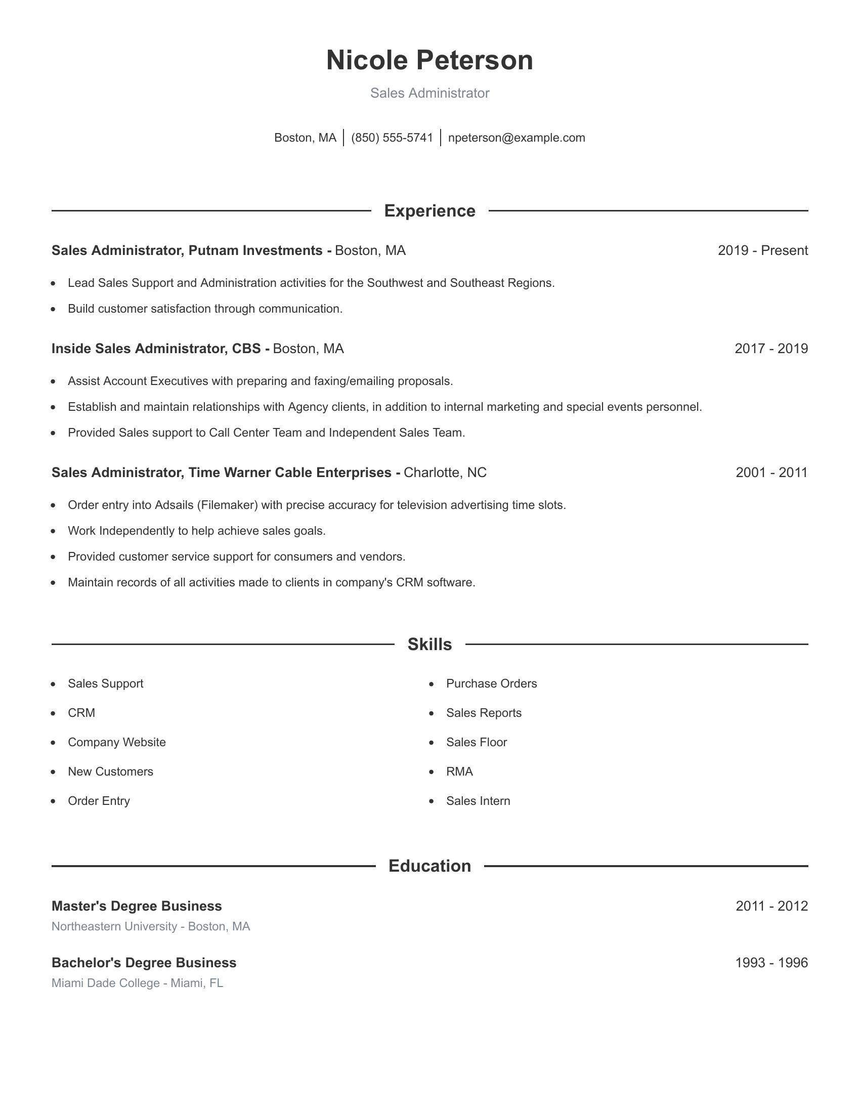 Sales Administrator resume example