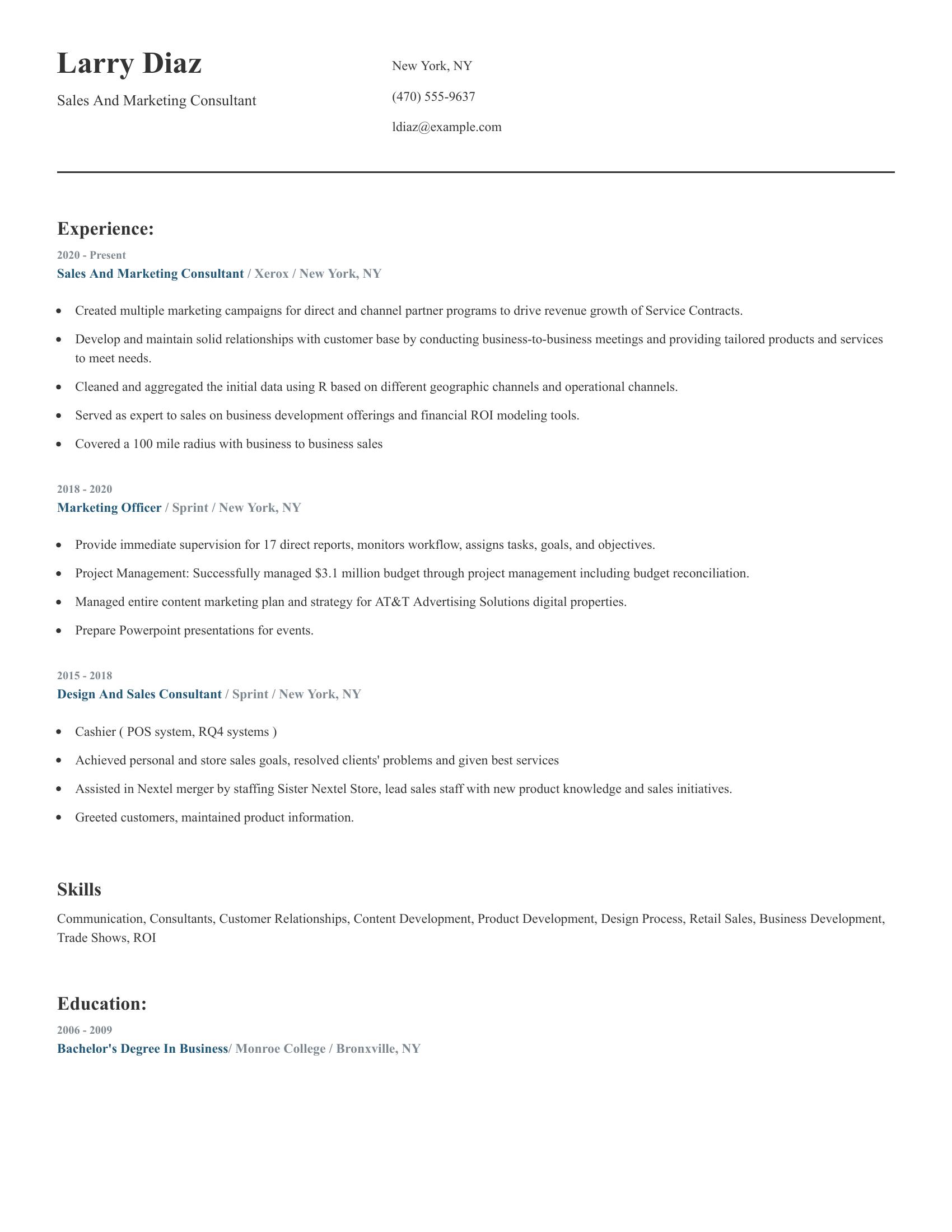 Sales And Marketing Consultant resume example