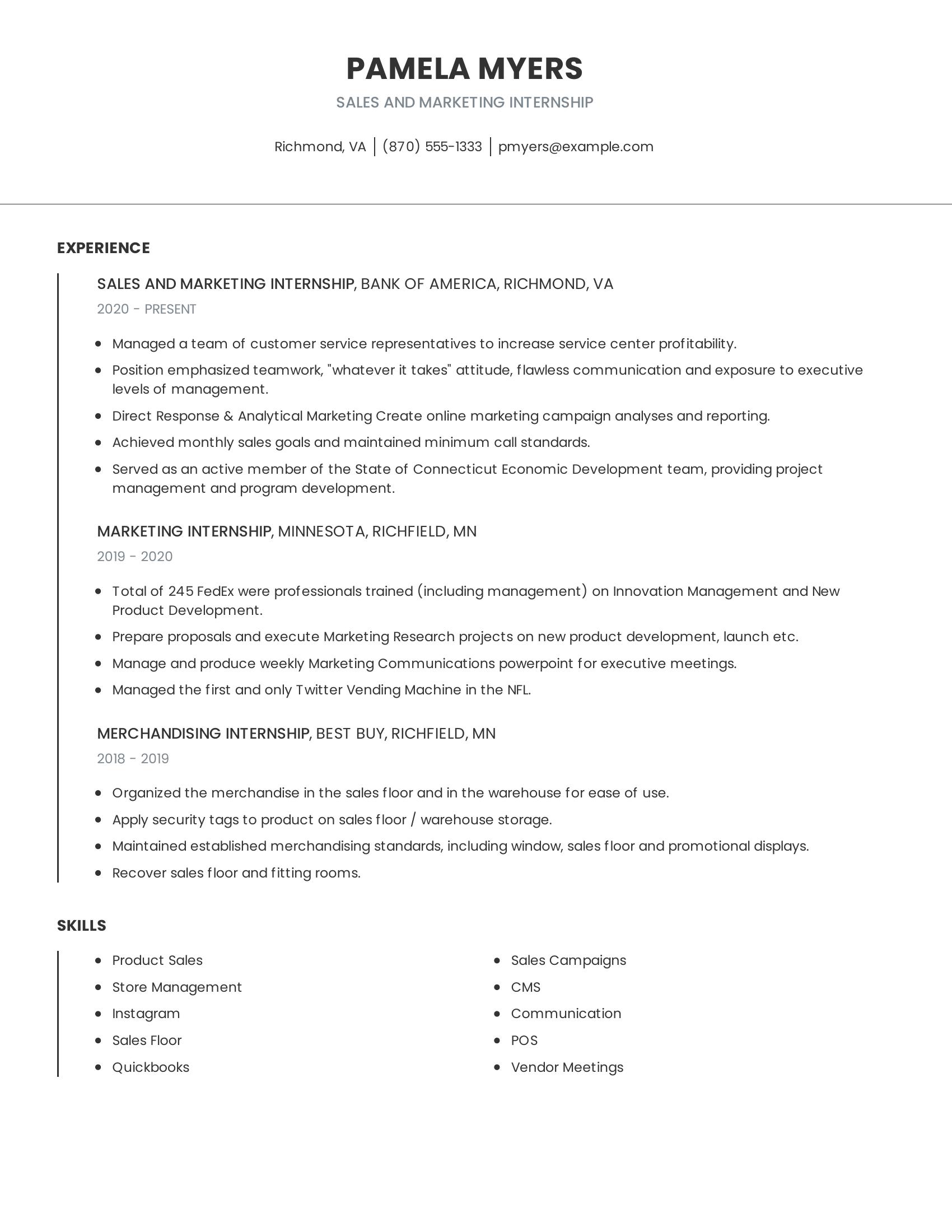 Sales And Marketing Internship resume example