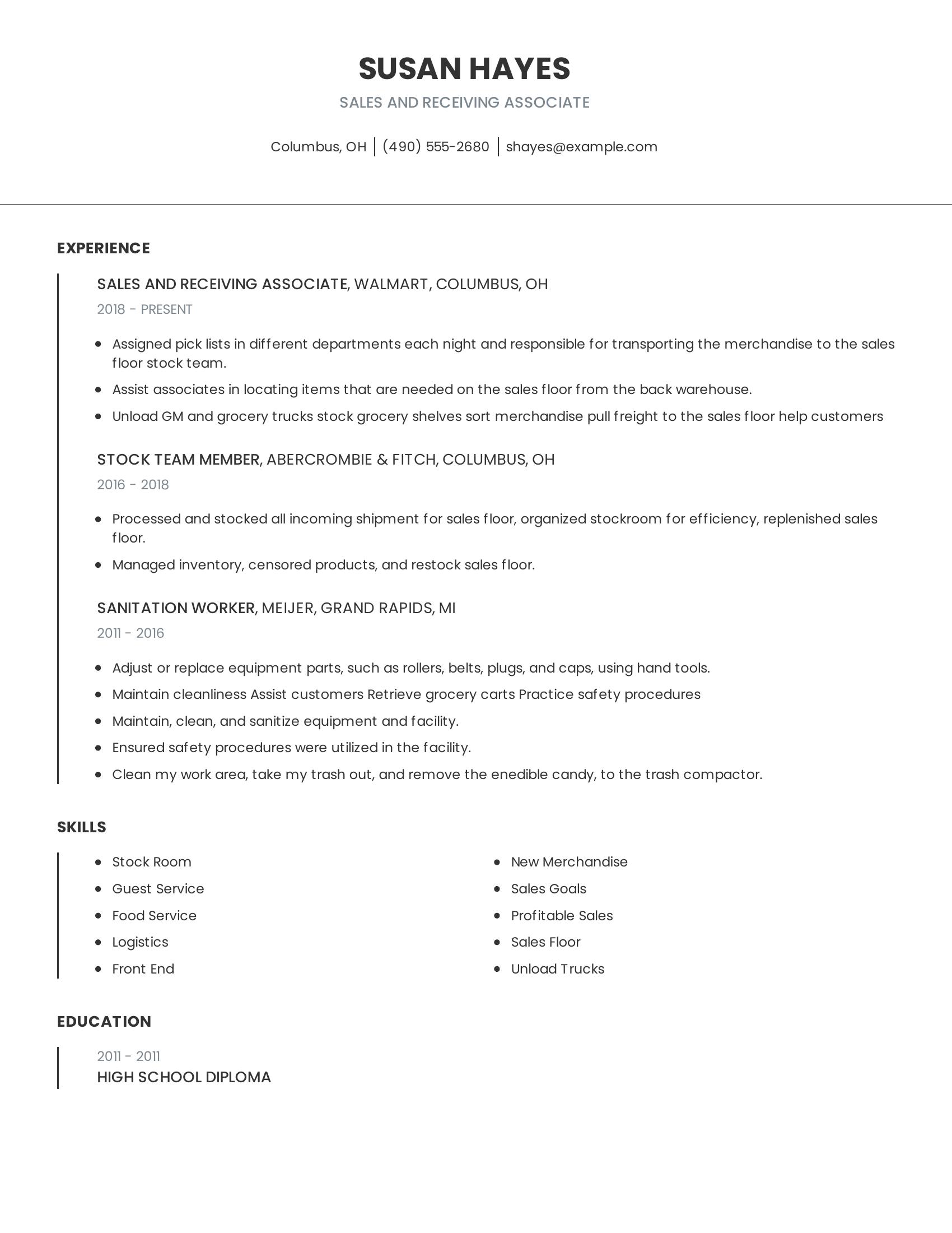 Sales And Receiving Associate resume example