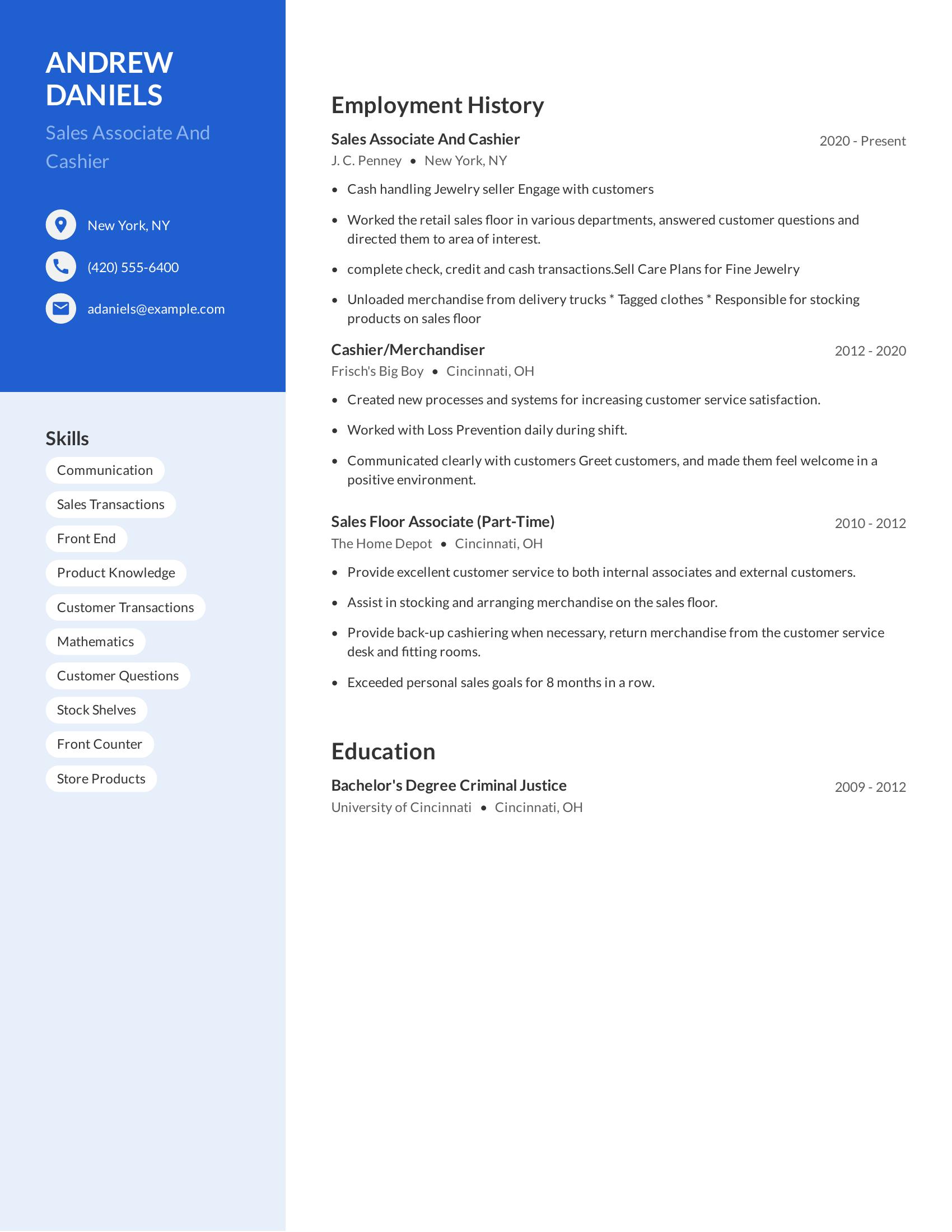 Sales Associate And Cashier resume example