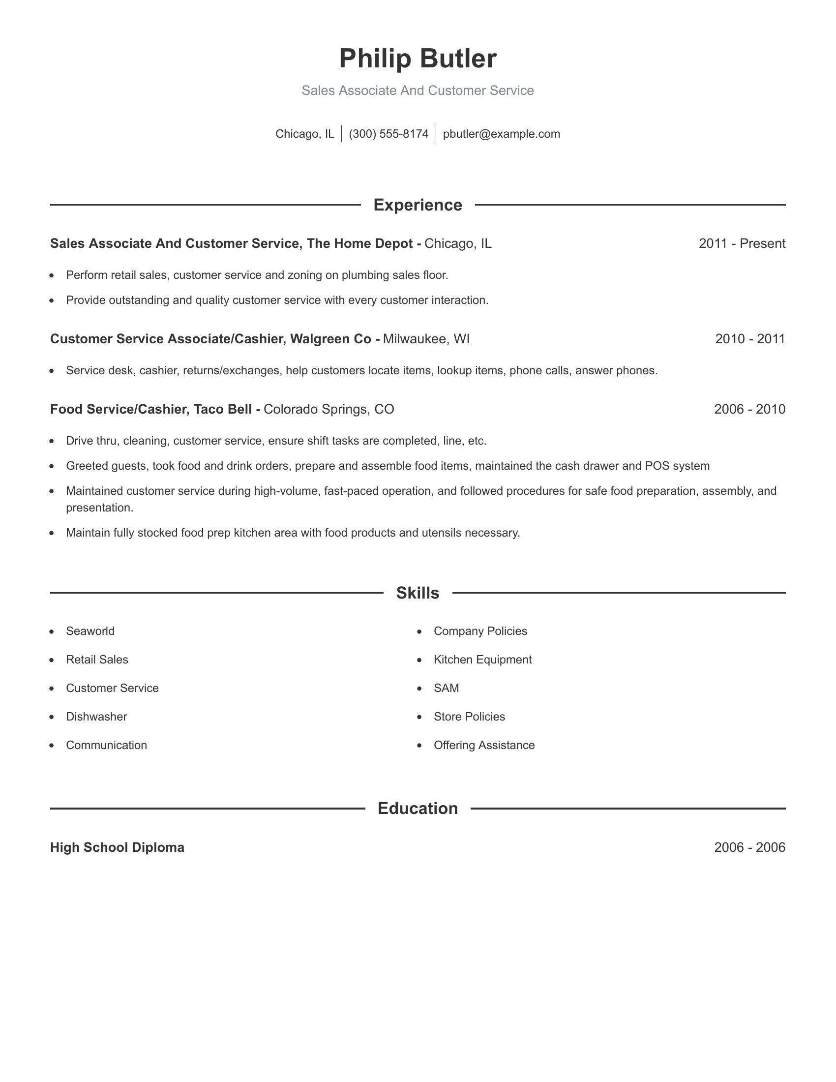 Sales Associate And Customer Service resume example