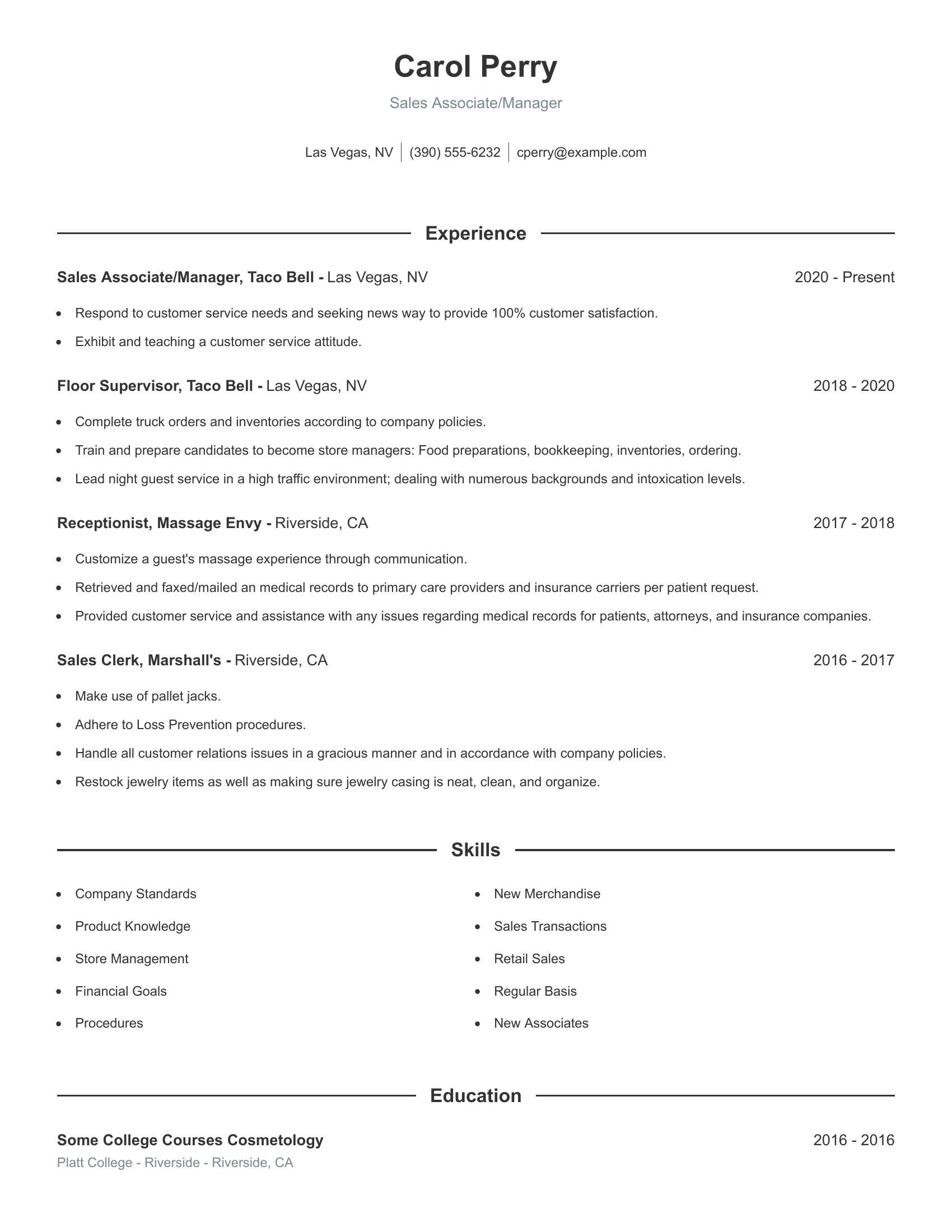 Sales Associate/Manager resume example