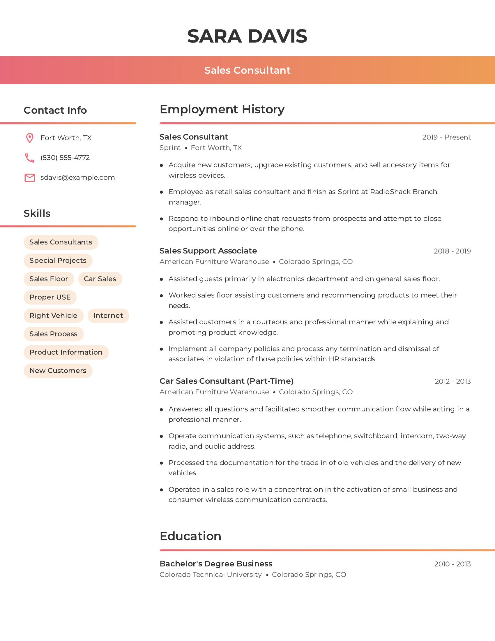 Sales Consultant resume example