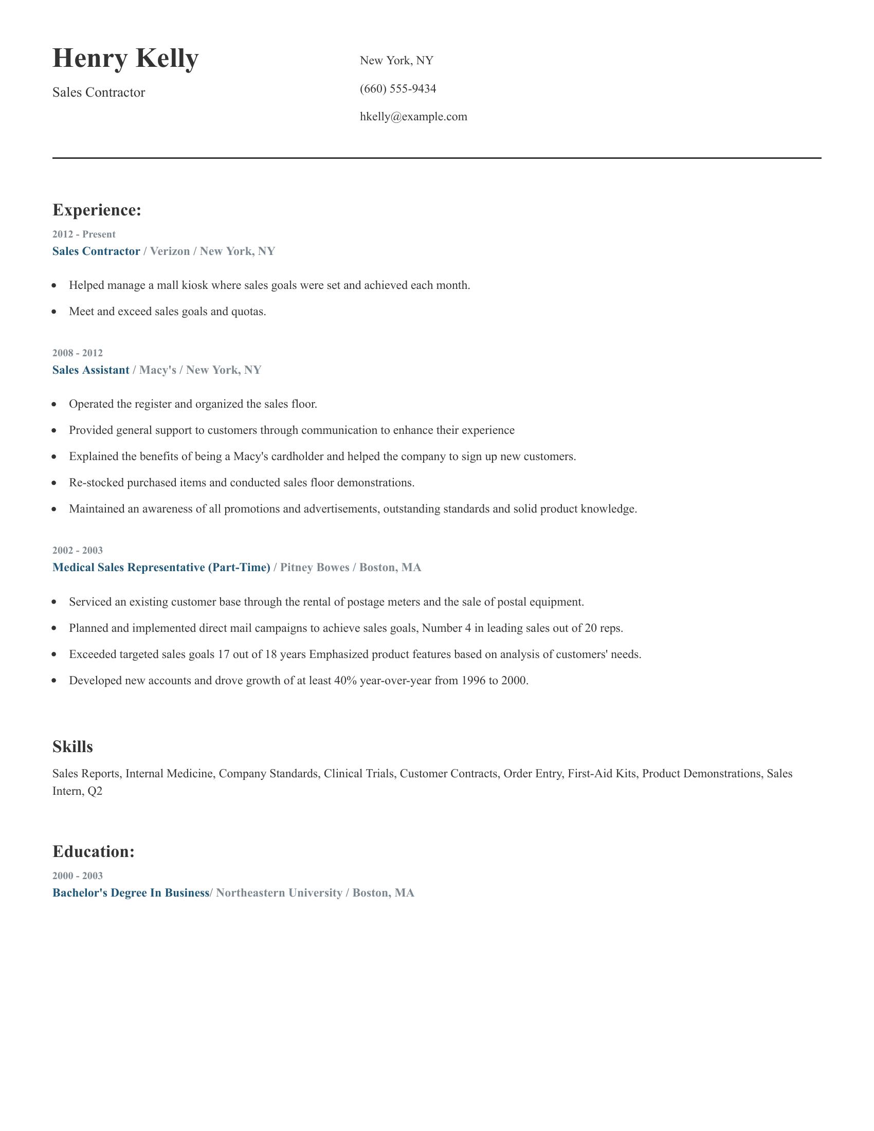 Sales Contractor resume example