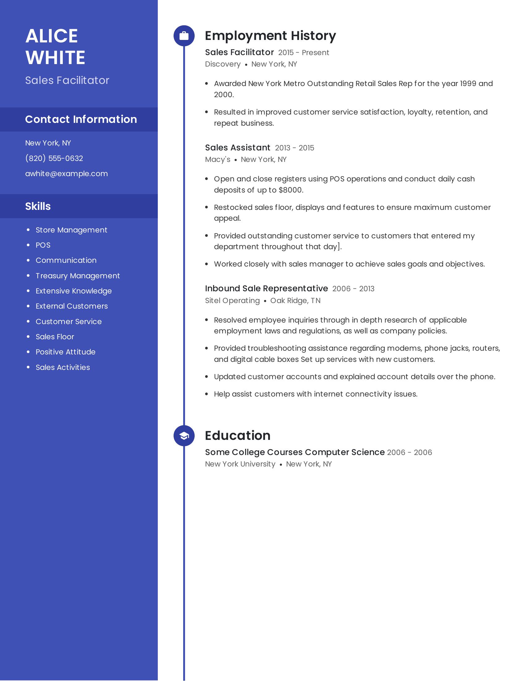 Sales Facilitator resume example