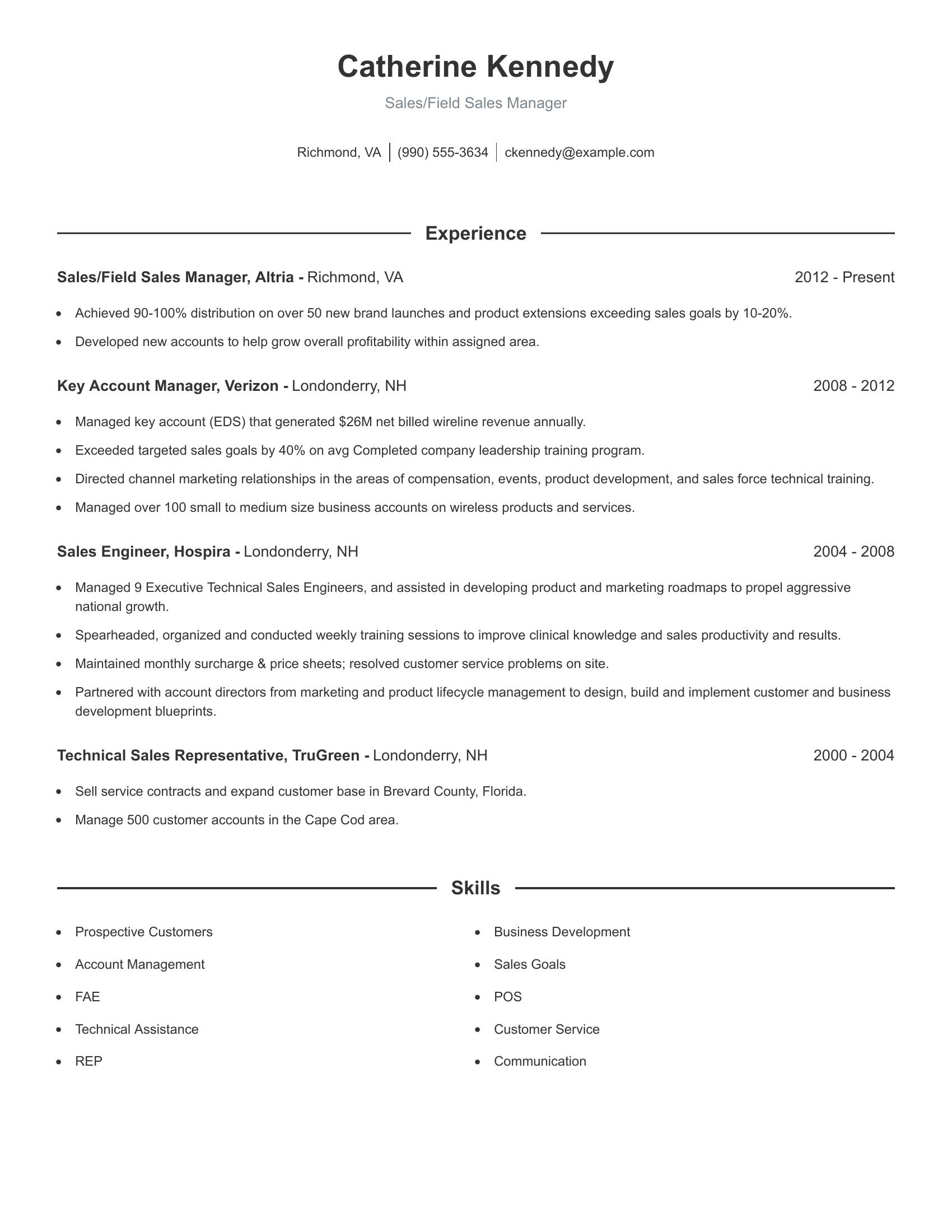 Sales/Field Sales Manager resume example