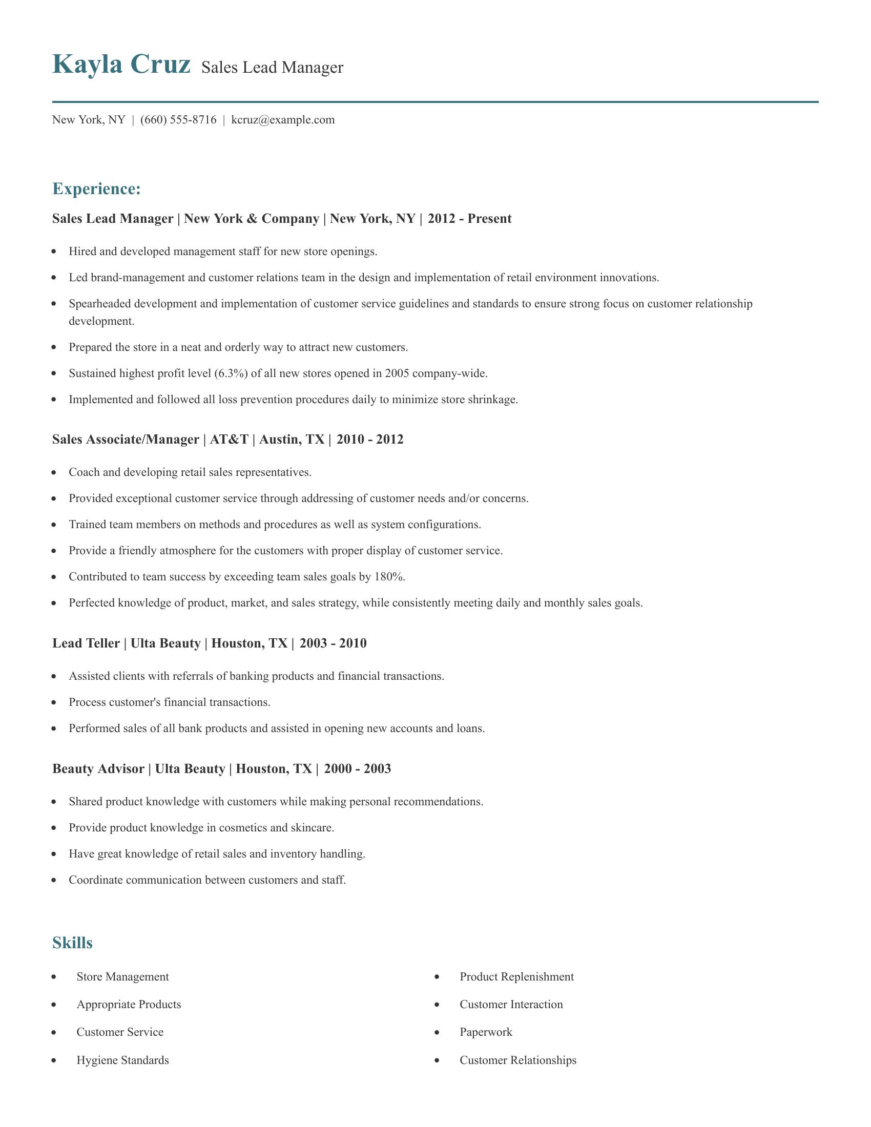 Sales Lead Manager resume example