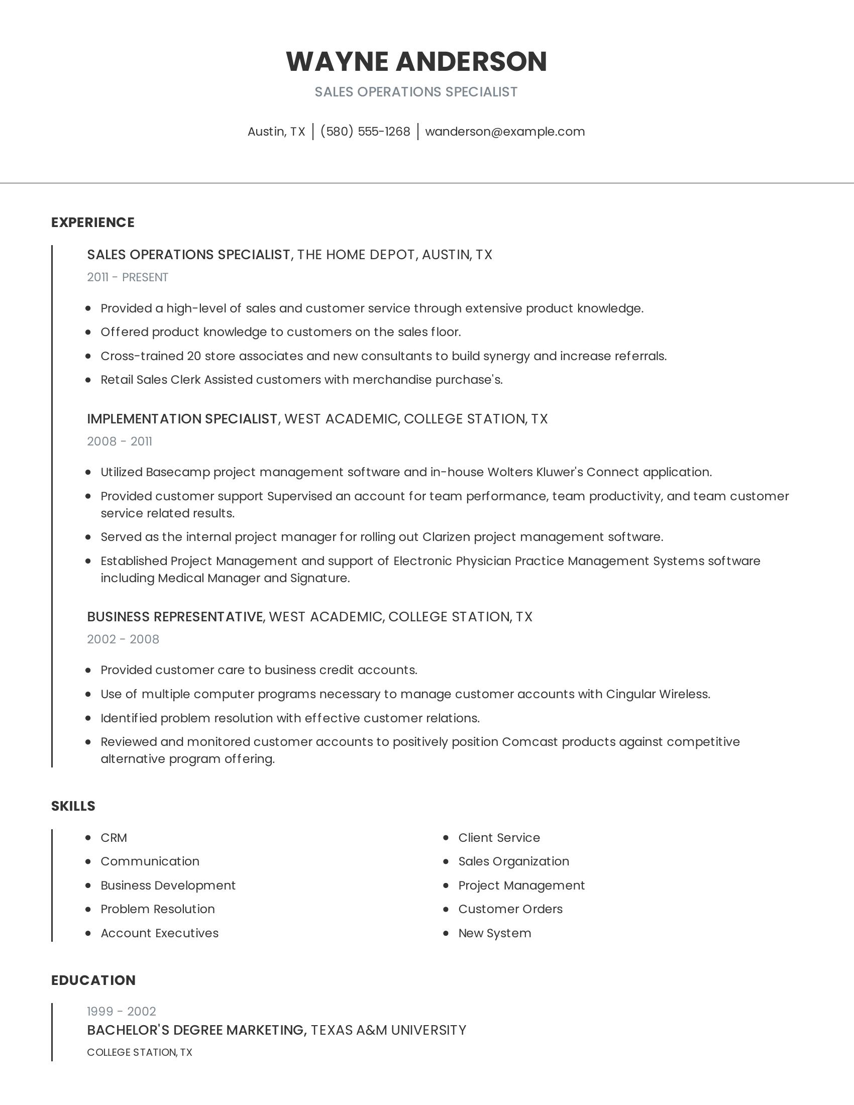 Sales Operations Specialist resume example