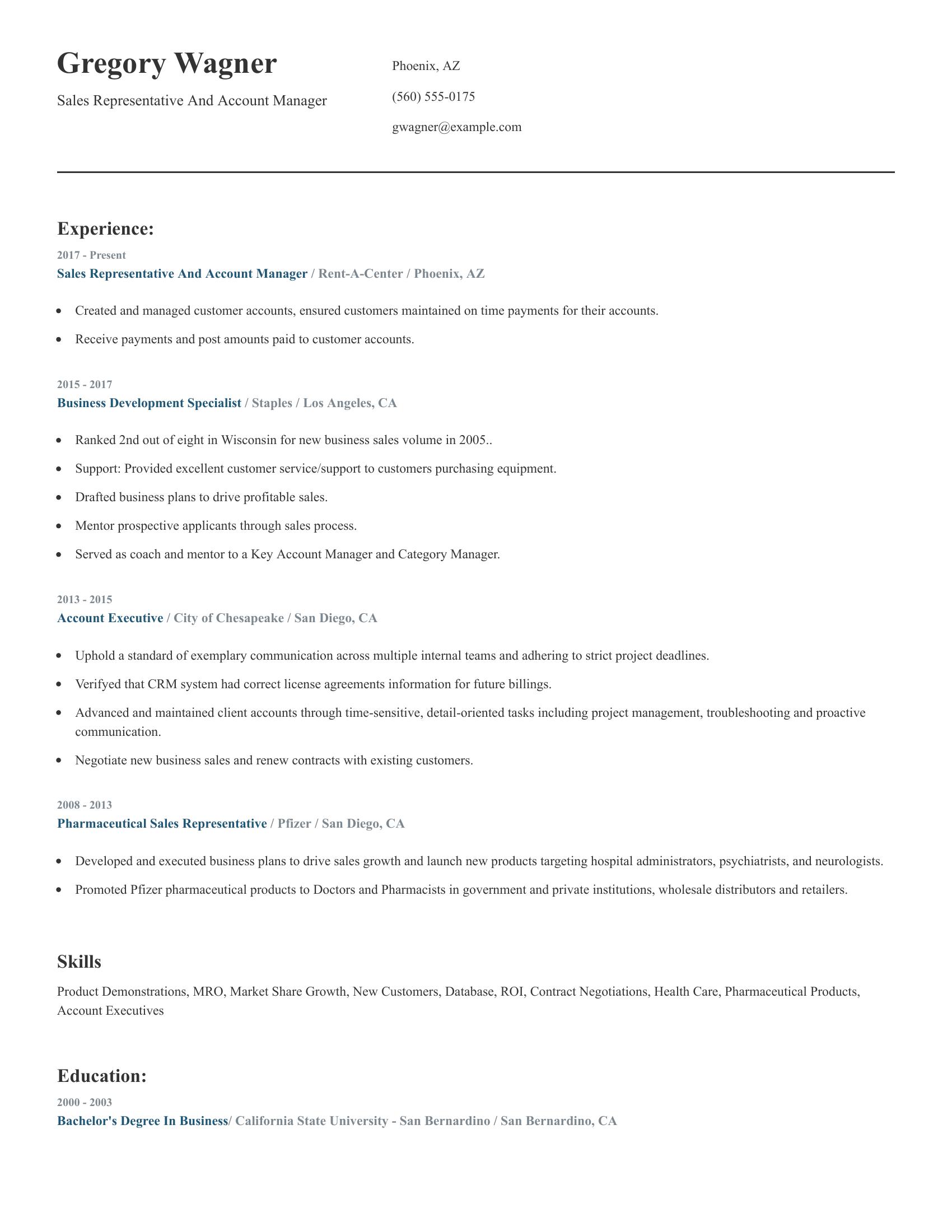 Sales Representative And Account Manager resume example