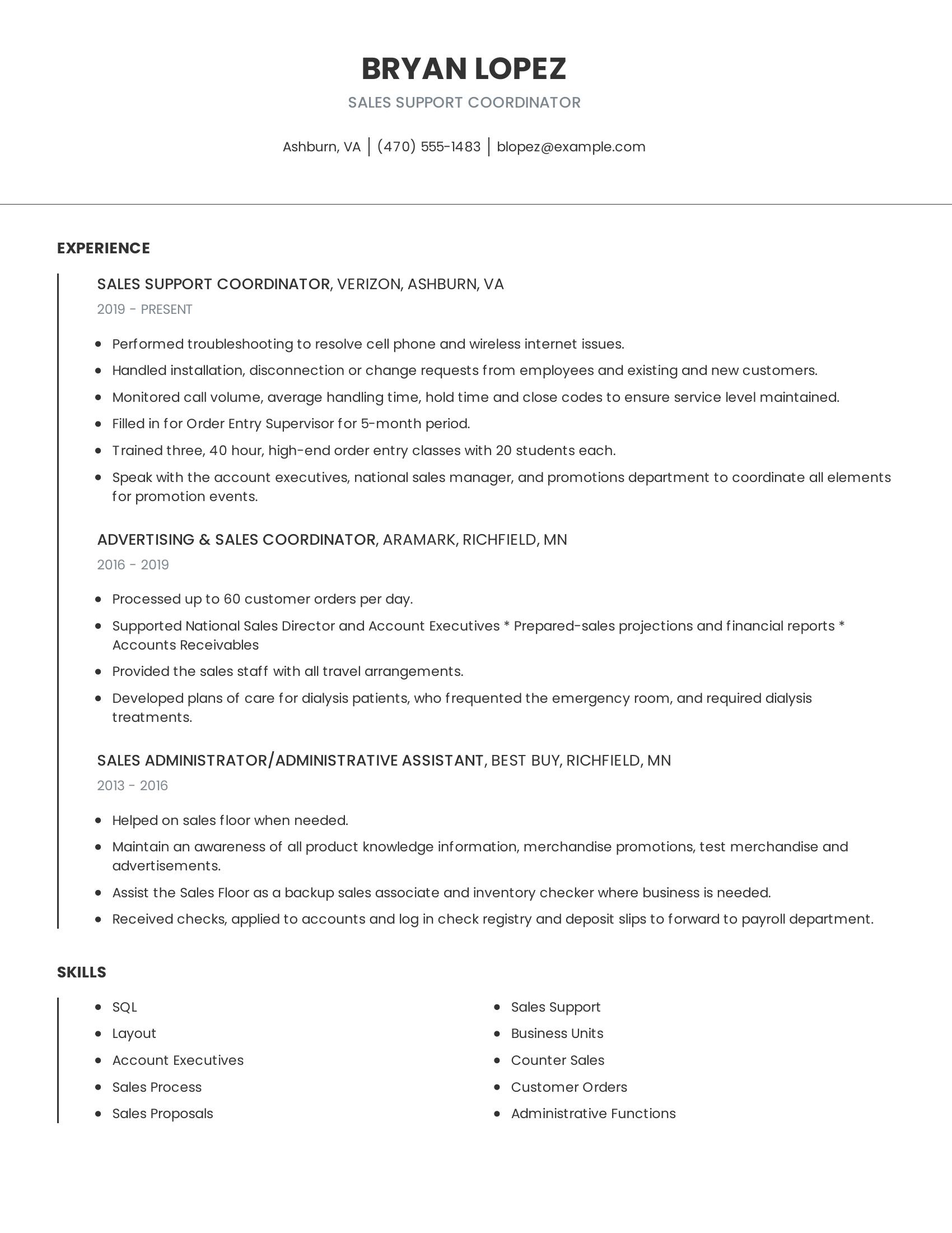 Sales Support Coordinator resume example