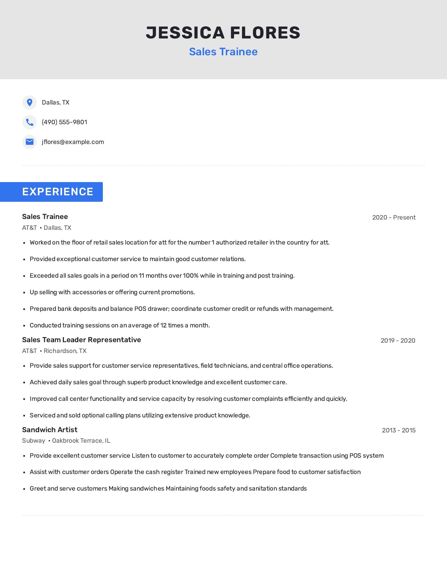 Sales Trainee resume example