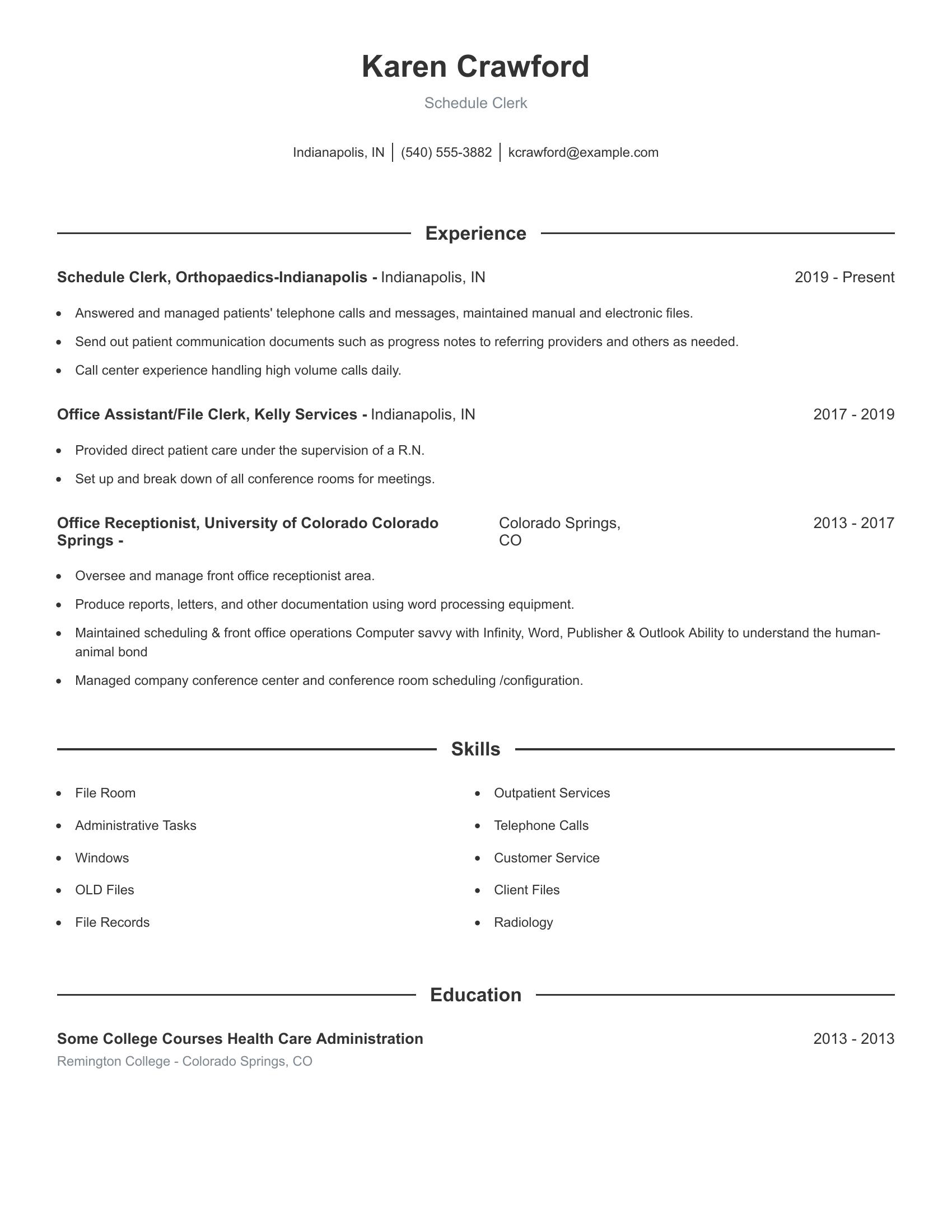 Schedule Clerk resume example