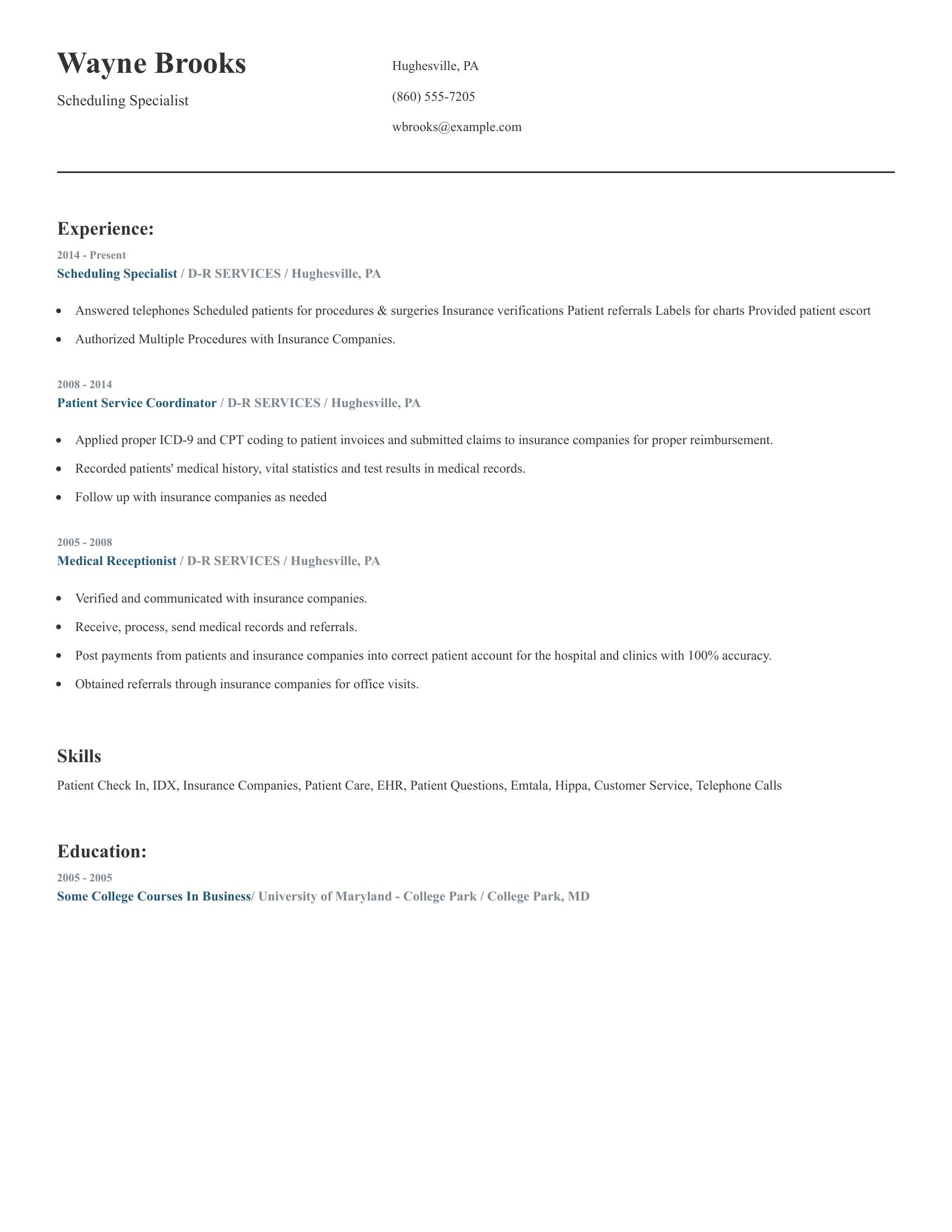 Scheduling Specialist resume example