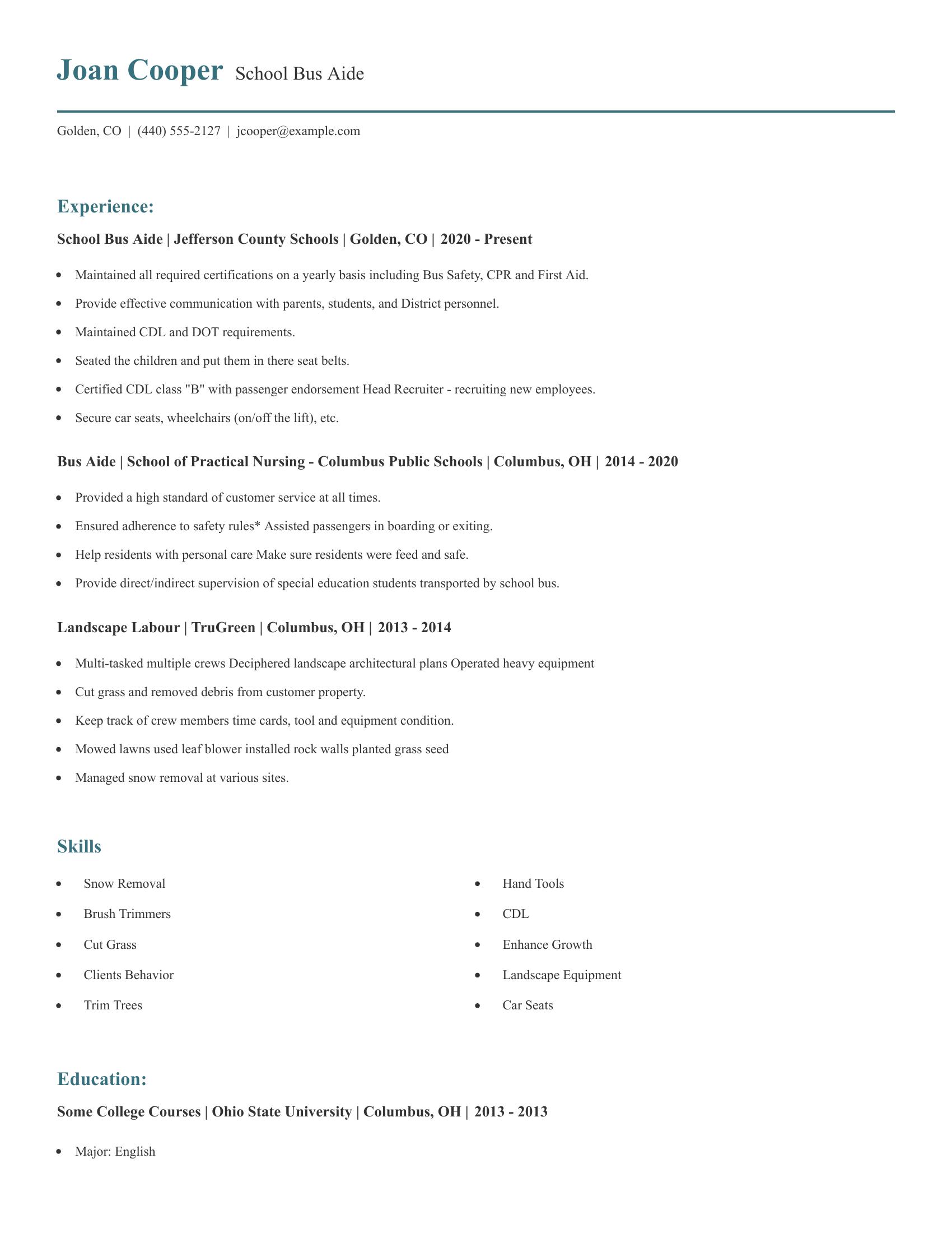 School Bus Aide resume example