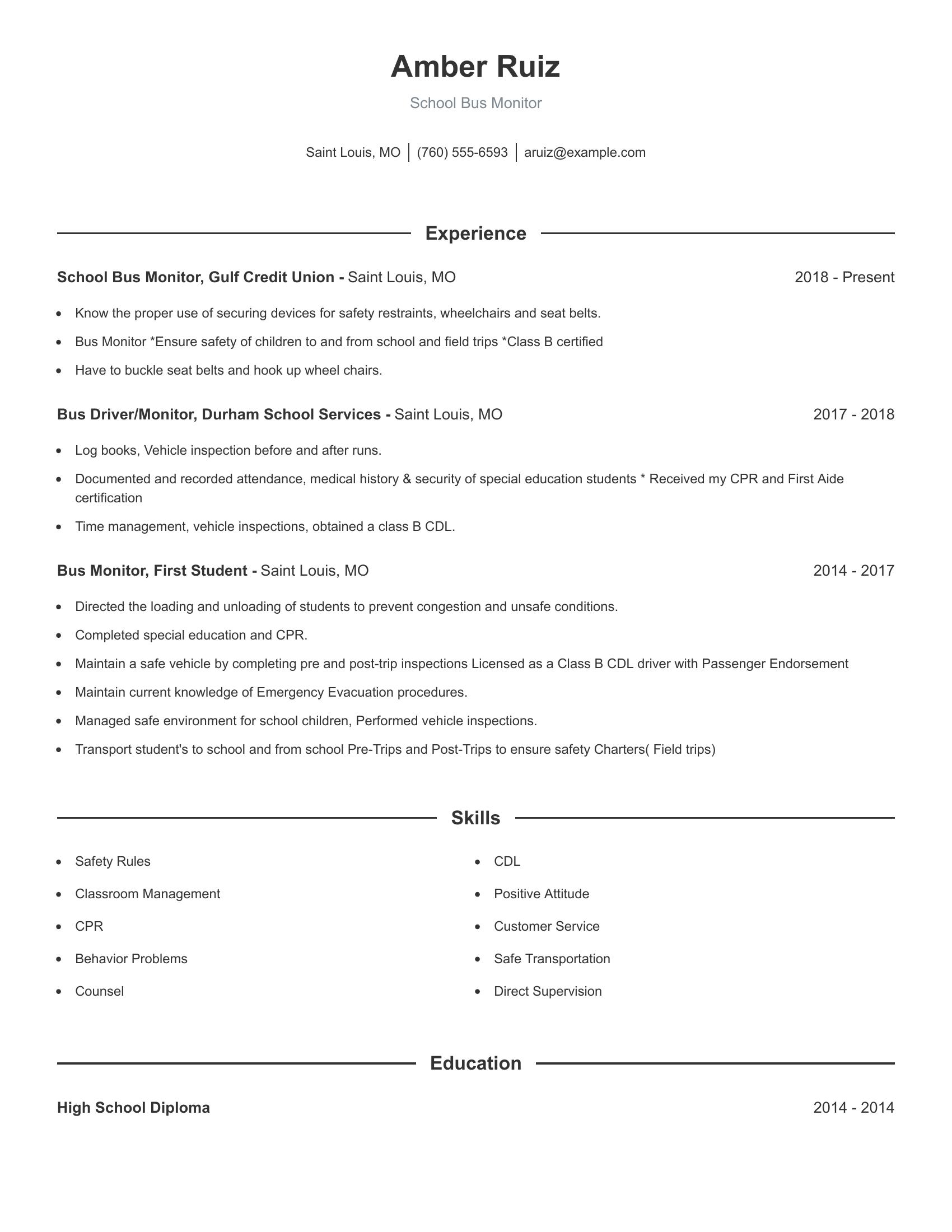 School Bus Monitor resume example