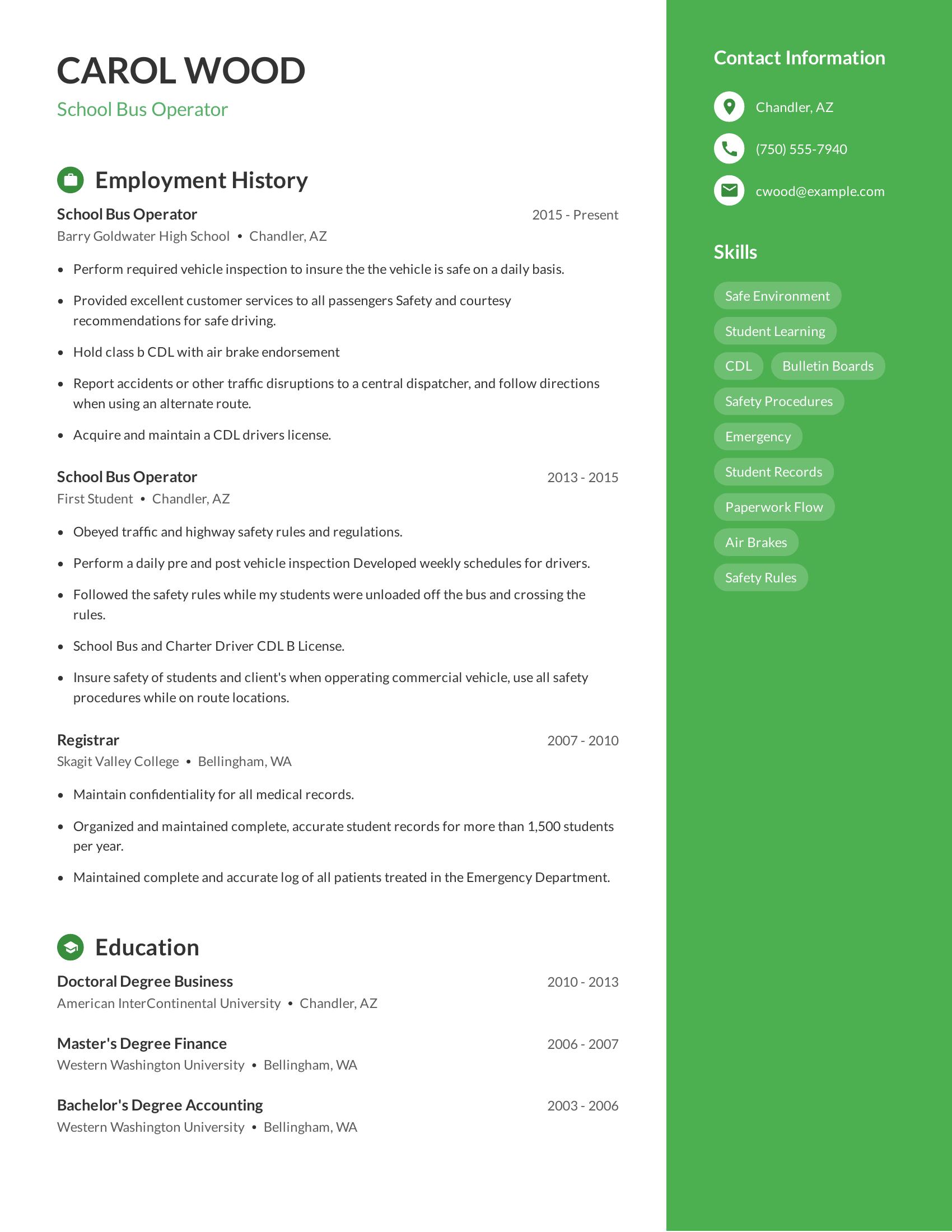 School Bus Operator resume example