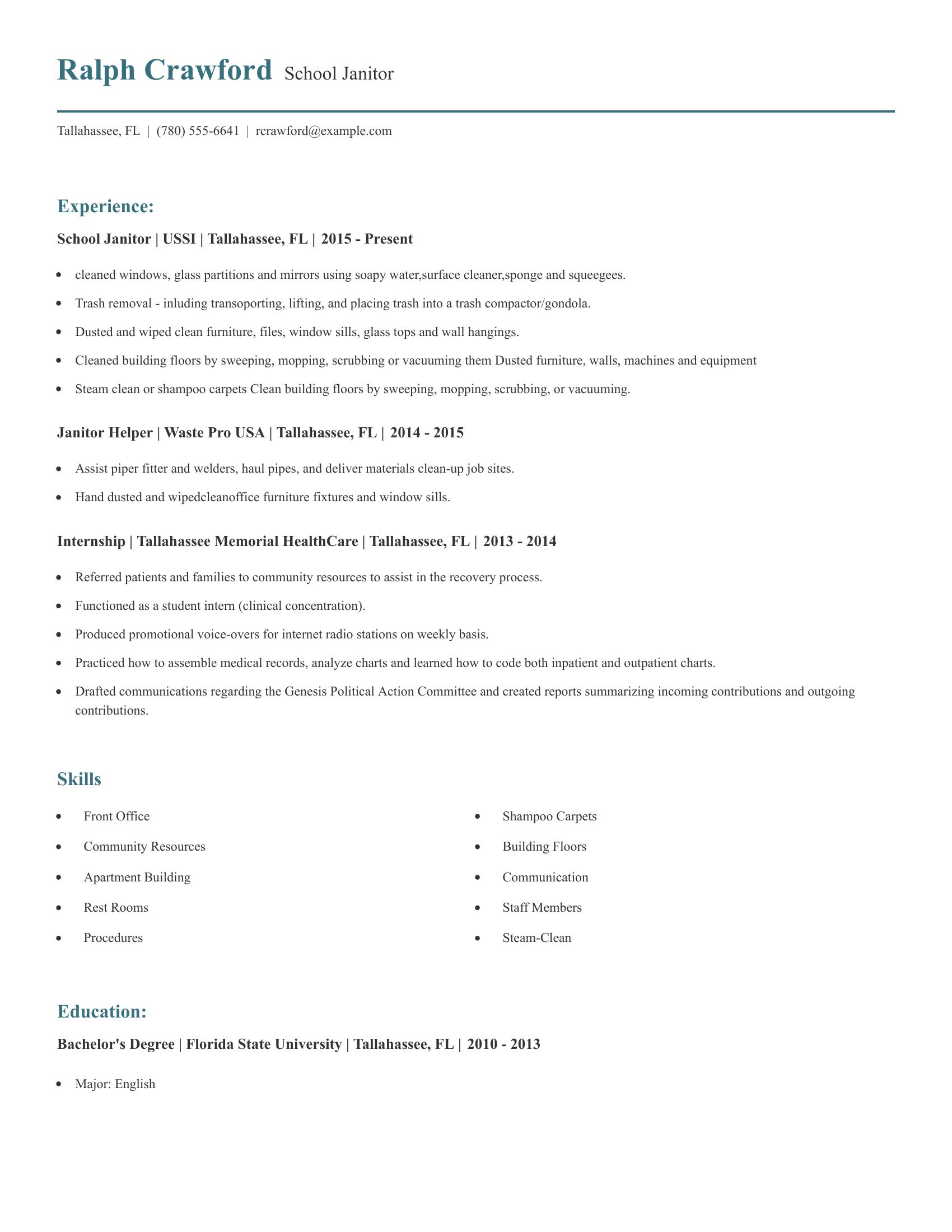 School Janitor resume example