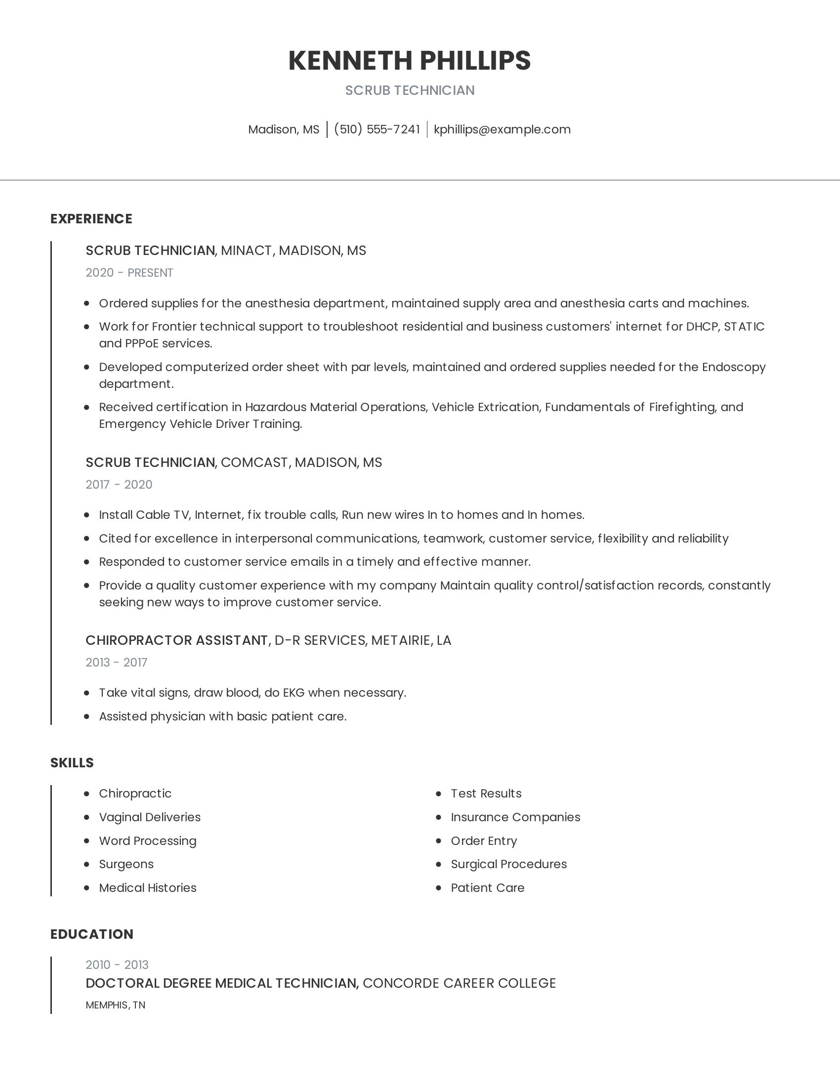 Scrub Technician resume example