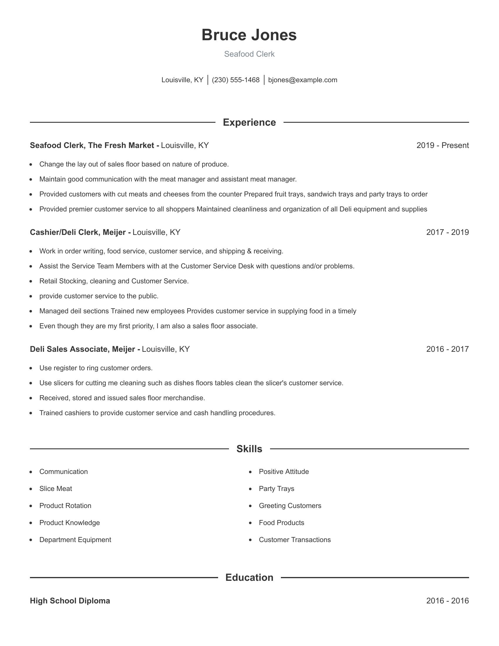 Seafood Clerk resume example