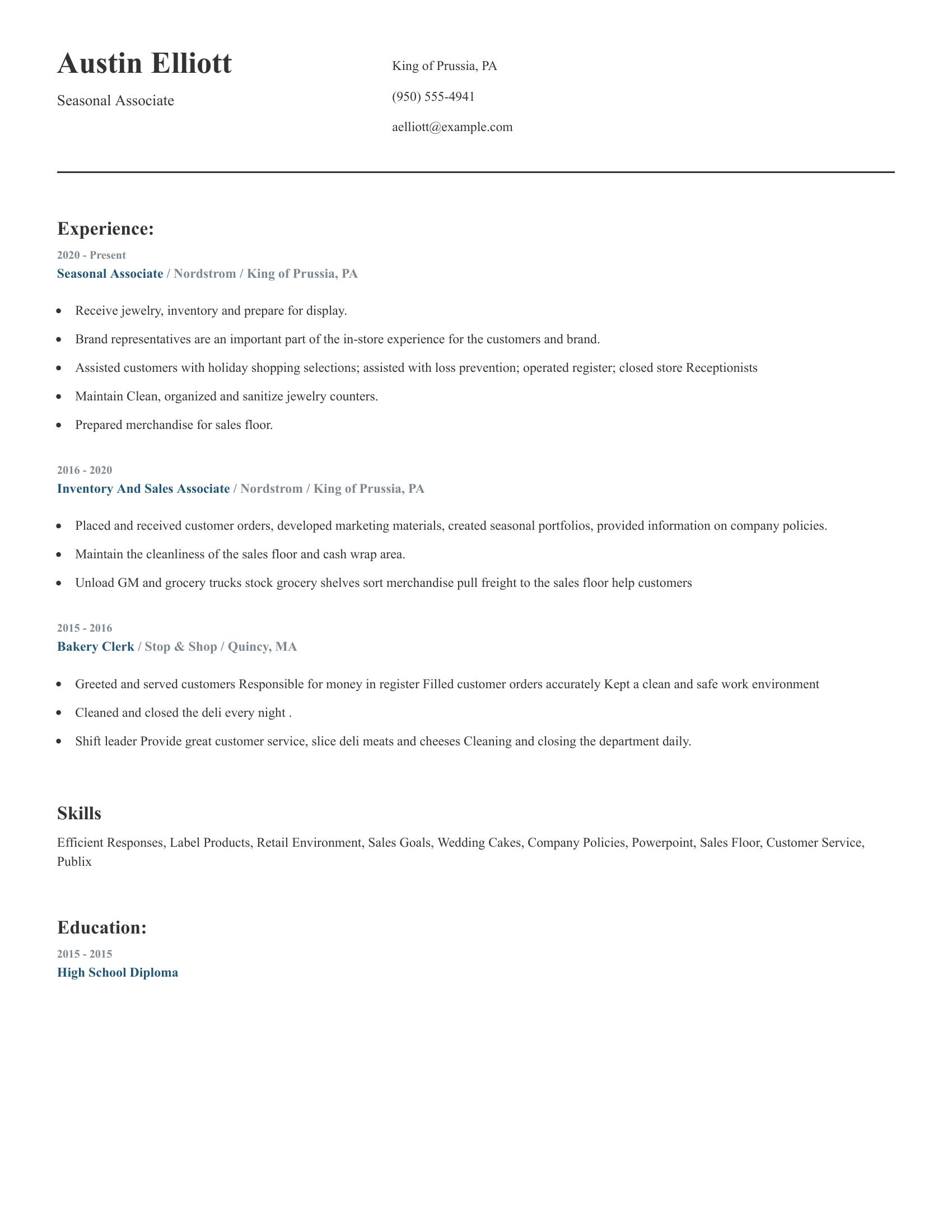 Seasonal Associate resume example