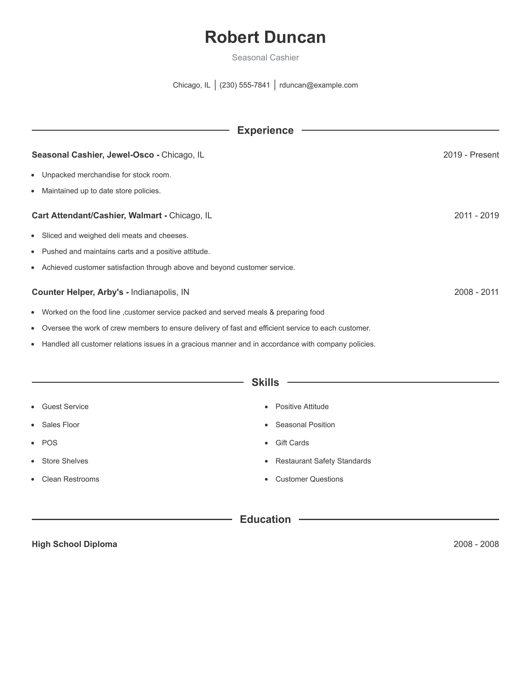 Seasonal Cashier resume example