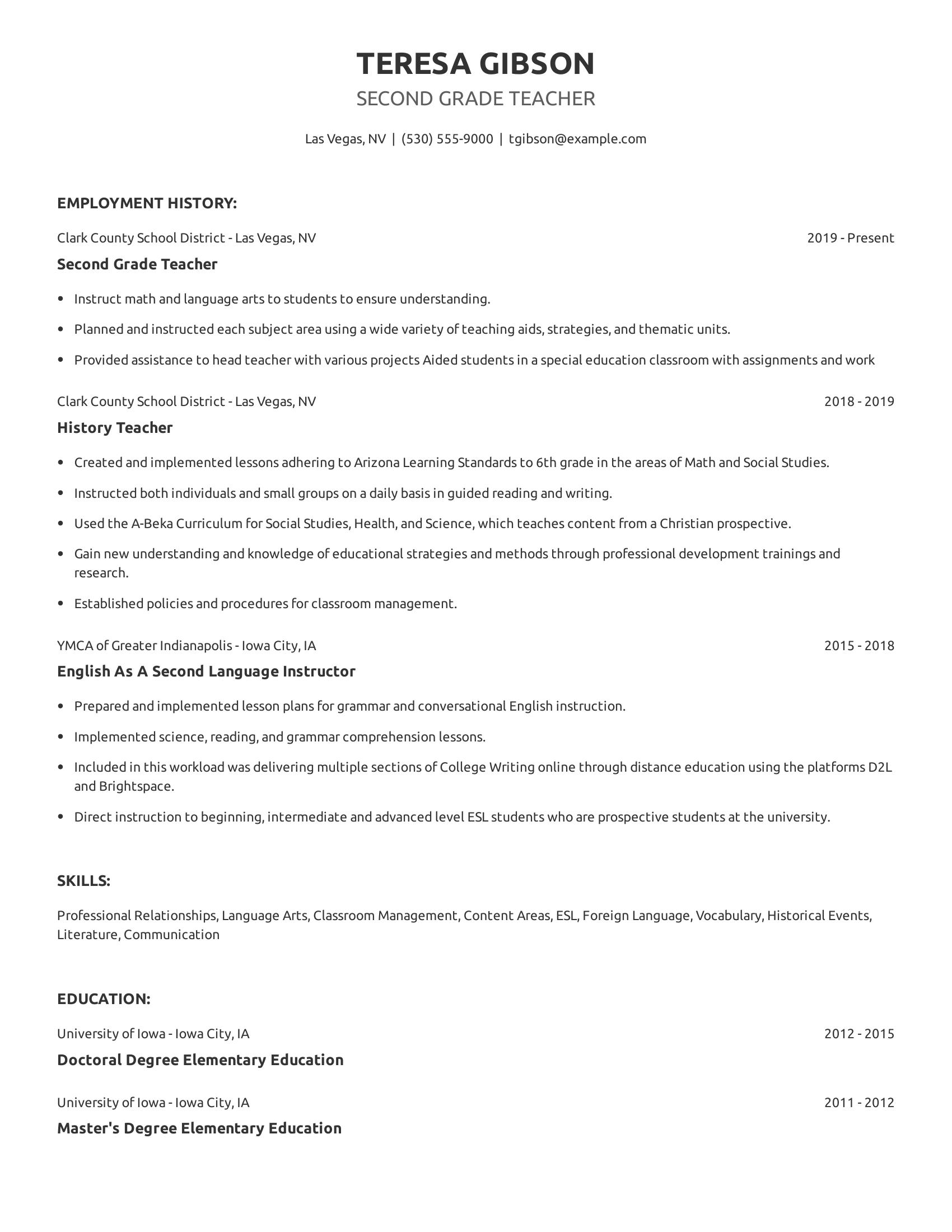 Second Grade Teacher resume example