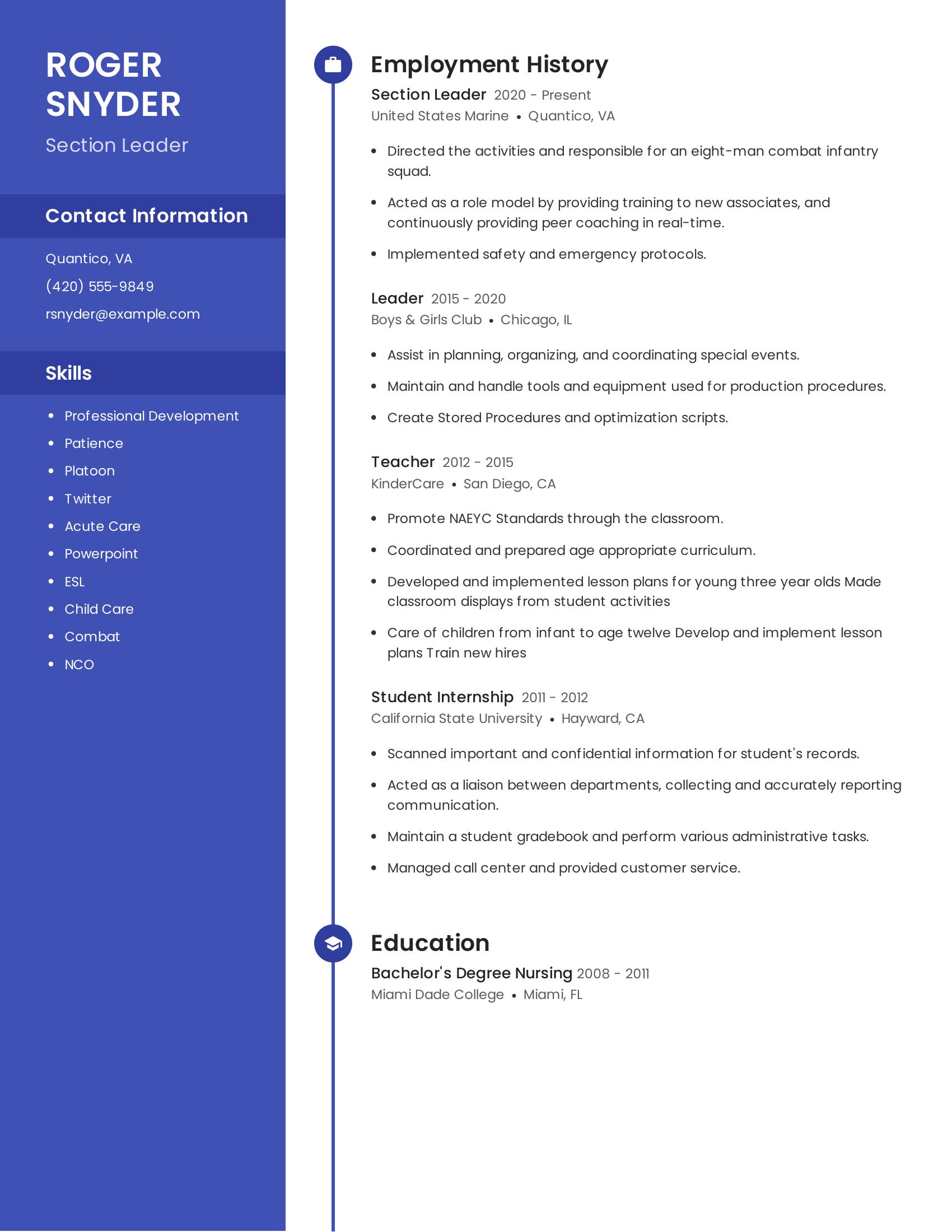 Section Leader resume example