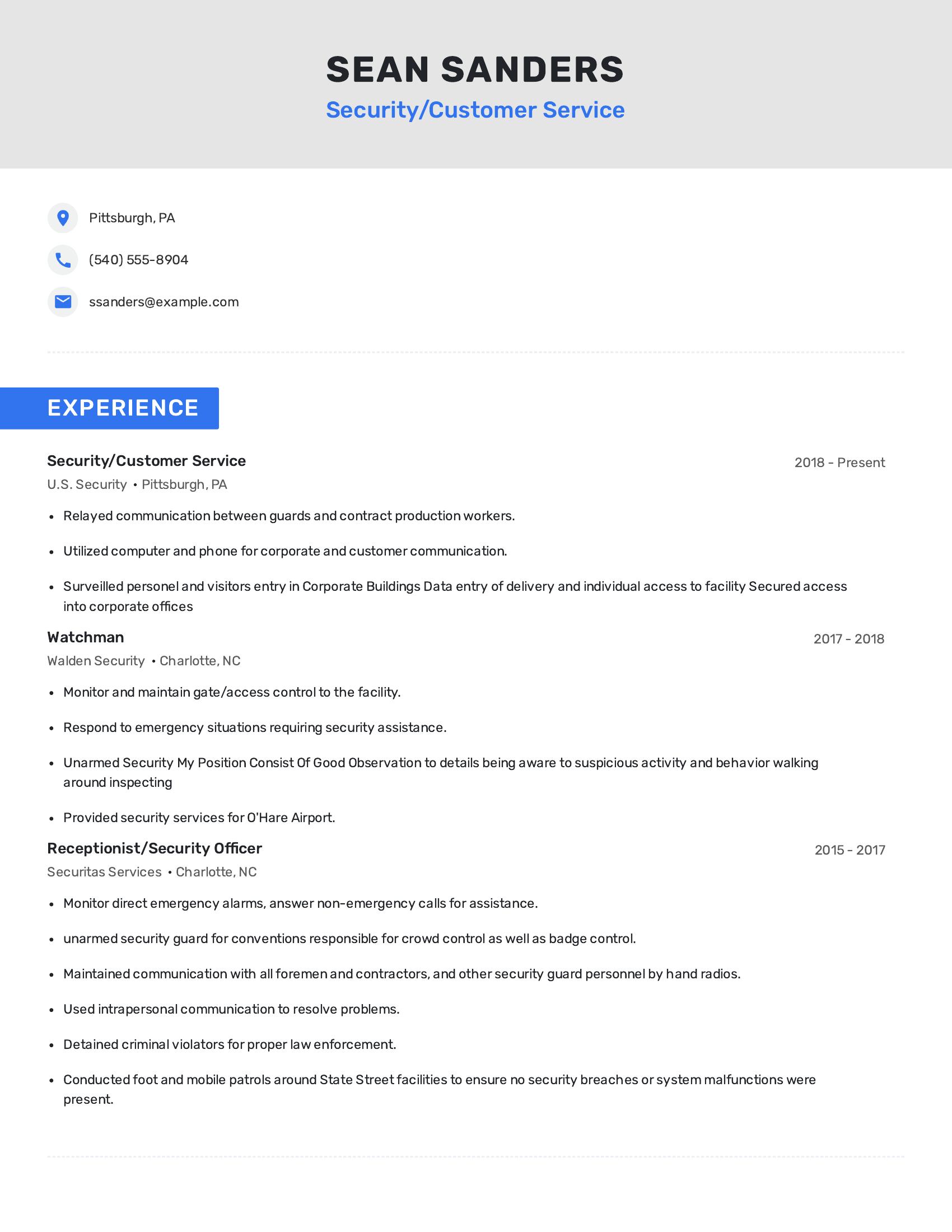 Security/Customer Service resume example
