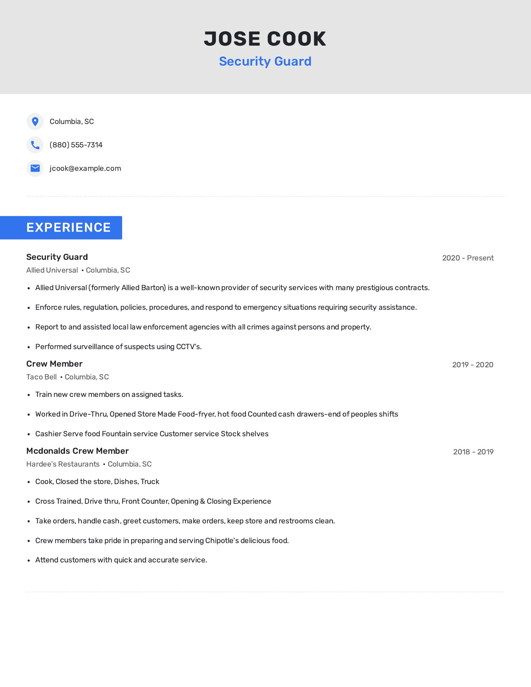 Security Guard resume example