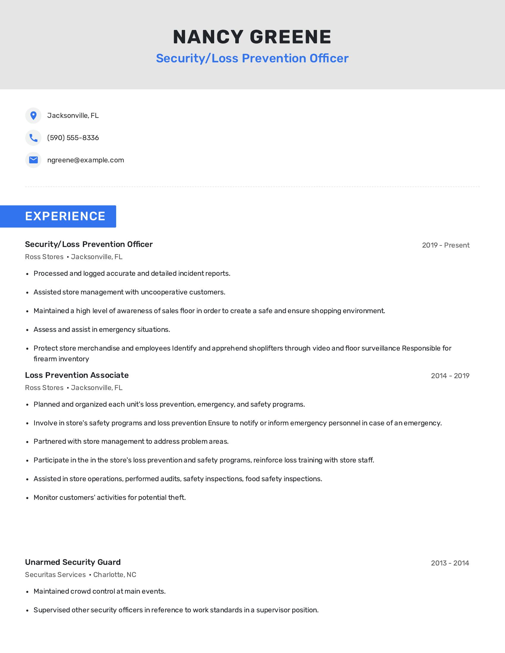 Security/Loss Prevention Officer resume example