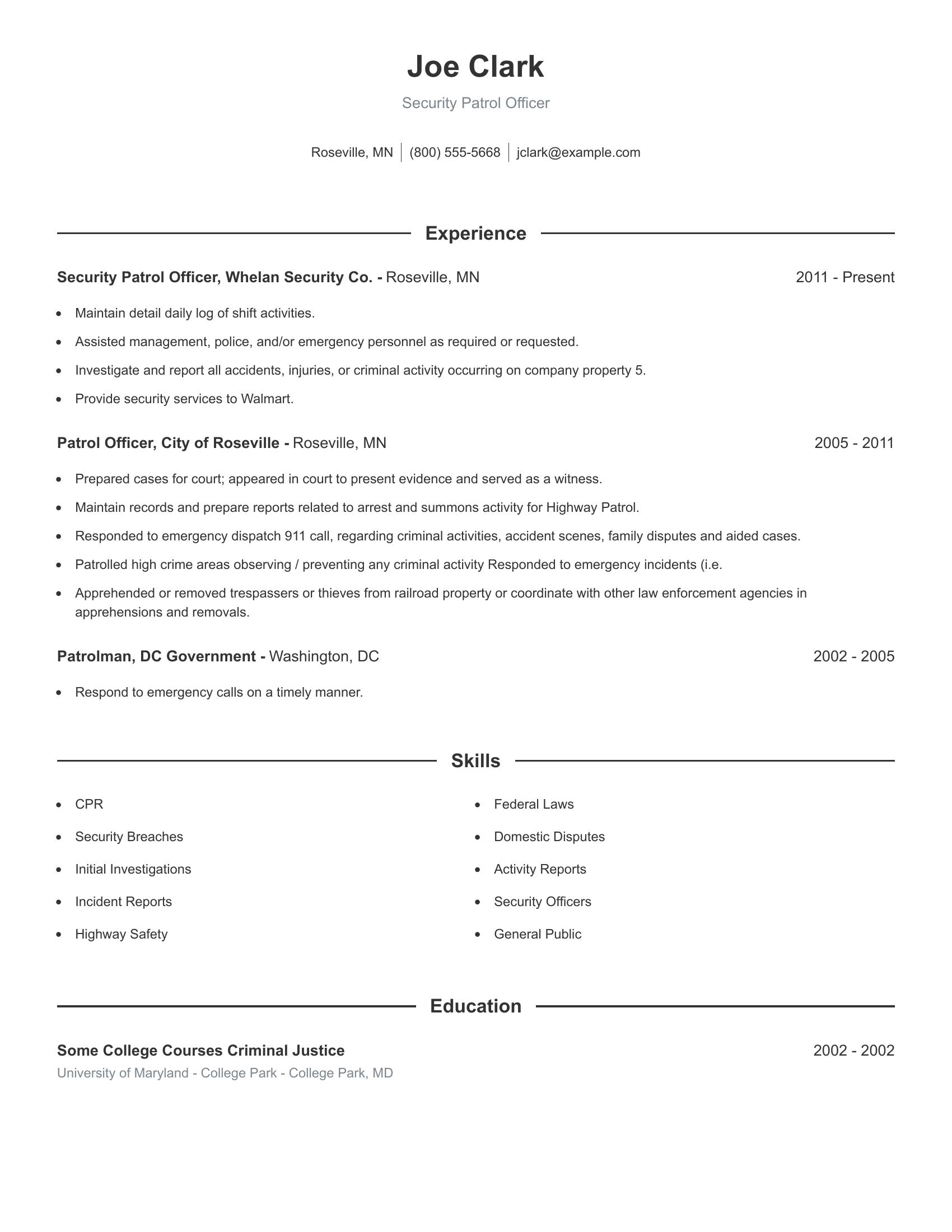 Security Patrol Officer resume example