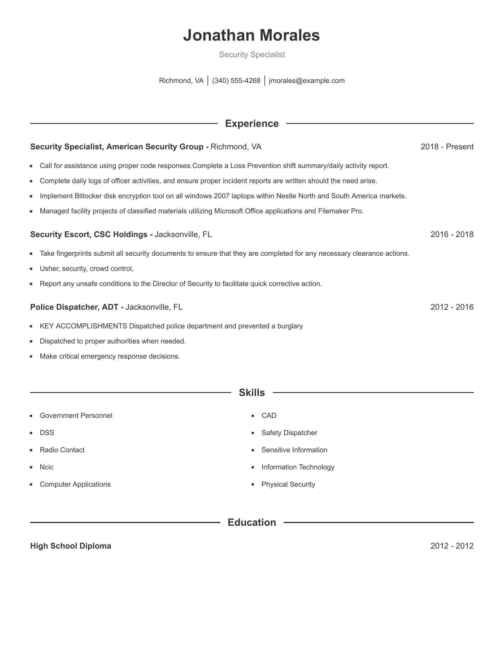 Security Specialist resume example