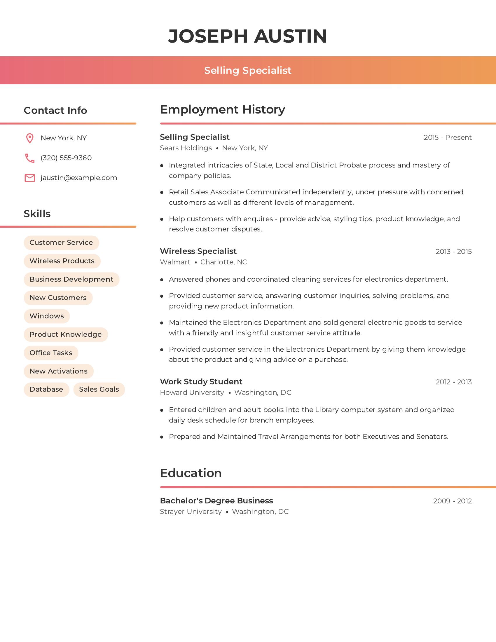 Selling Specialist resume example