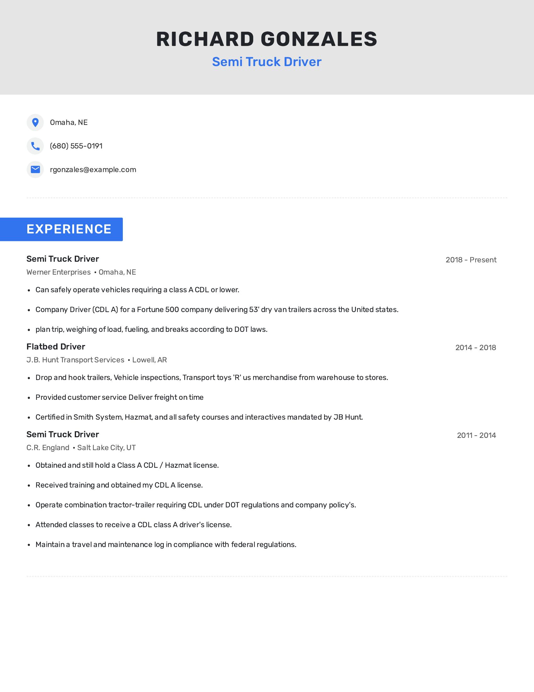 Semi Truck Driver resume example