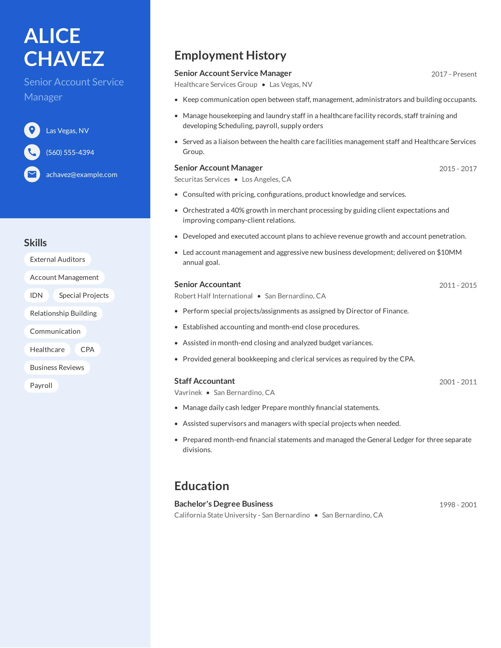 Senior Account Service Manager resume example